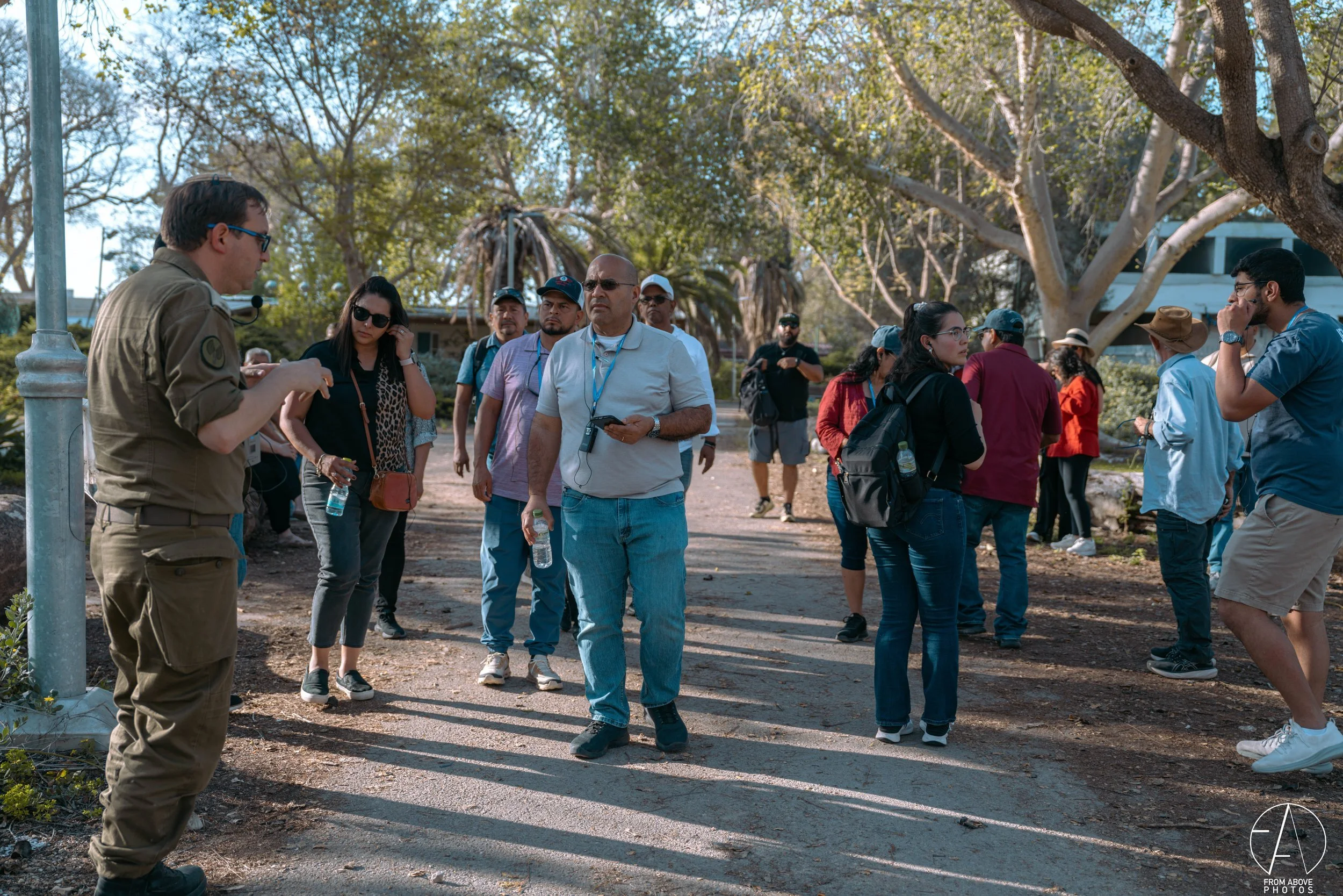 Group of people gathered outdoors, listening to a tour guide in a park with trees and sunlight.