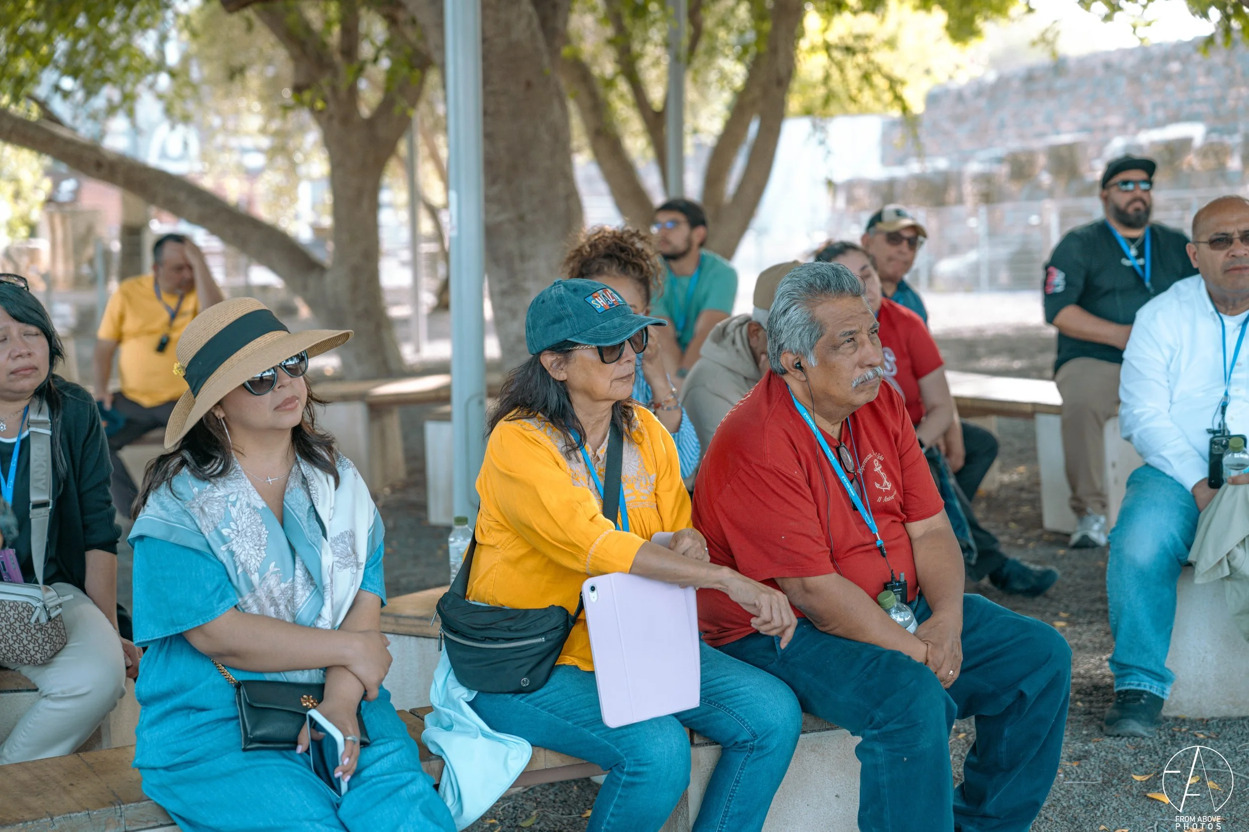 Group of diverse people sitting on benches outdoors under trees, attending an event or gathering.