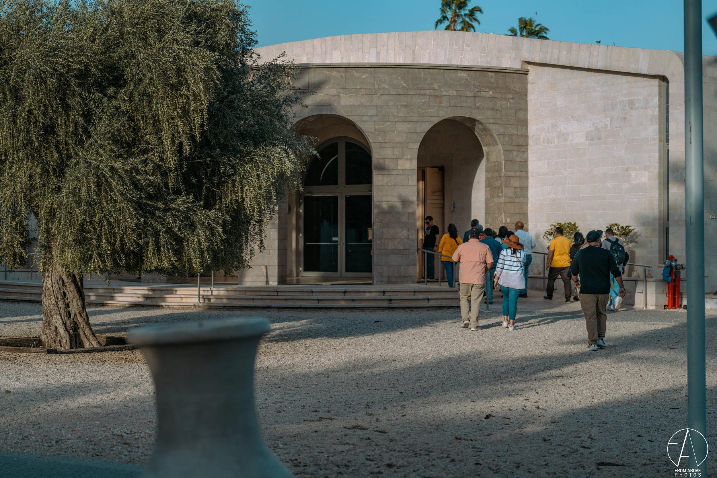 People standing in line outside a large stone building with arched entrance, next to a large leafy tree, under a clear blue sky, during daytime.