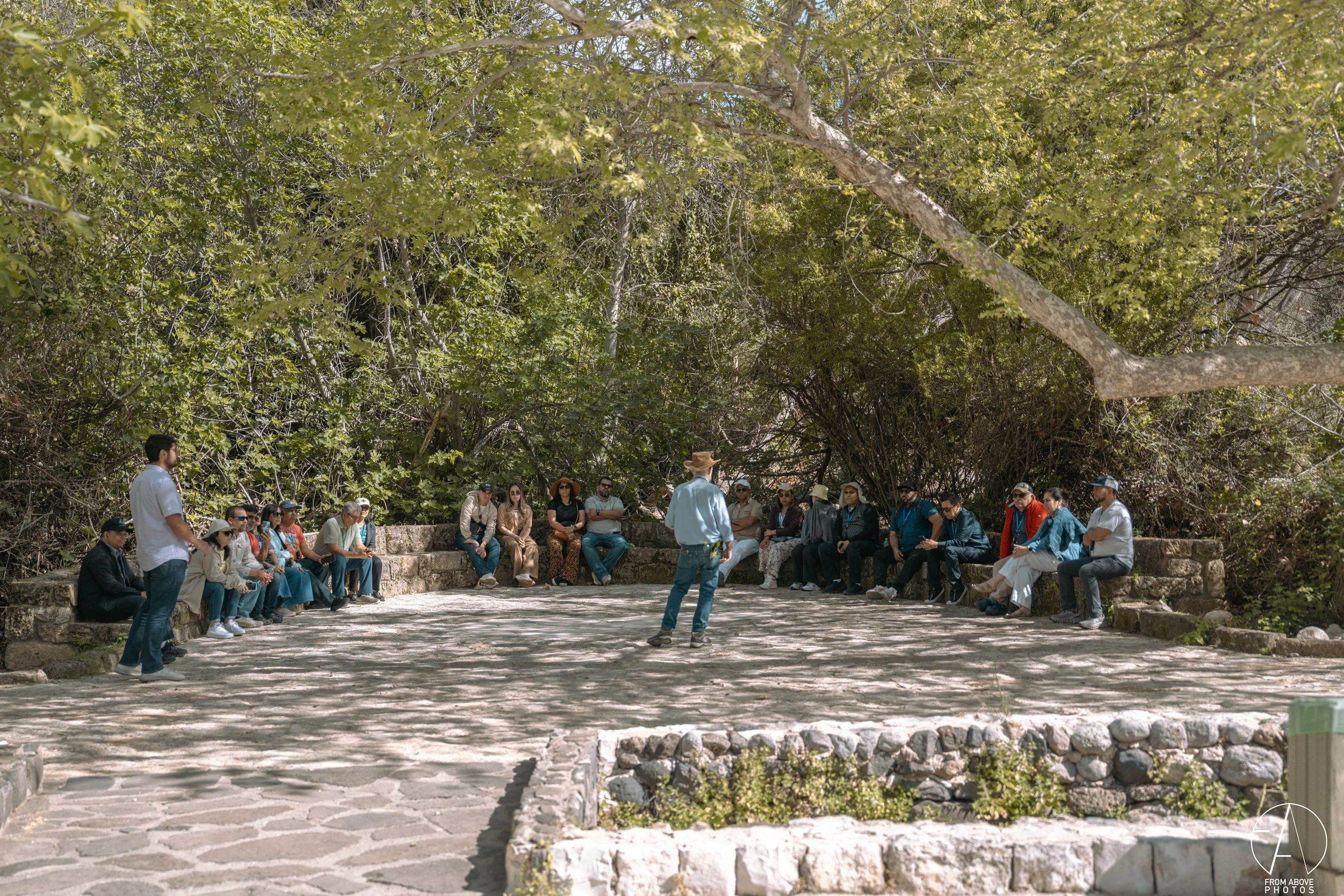 A group of people sitting on stone benches in a semi-circle outdoors, listening to a man in a hat who is standing and talking, surrounded by green trees and shaded by a large tree nearby.