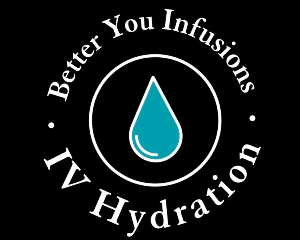 A logo with a blue water droplet in the center, surrounded by white text that reads 'Better You Infections' and 'All Hydration' on a black background.