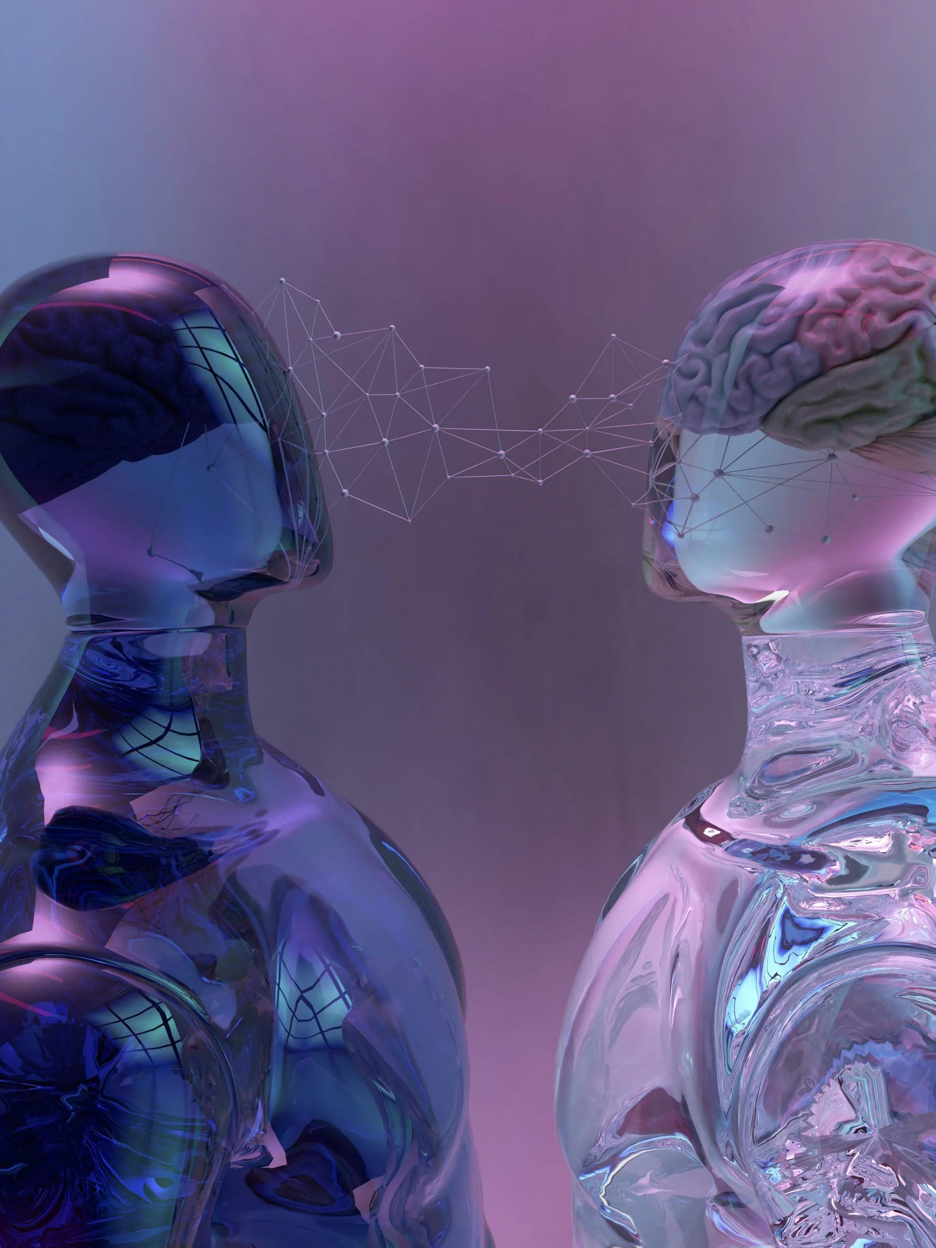 Futuristic digital artwork depicting two human heads with exposed brains connected by a network of lines and dots, against a purple gradient background.