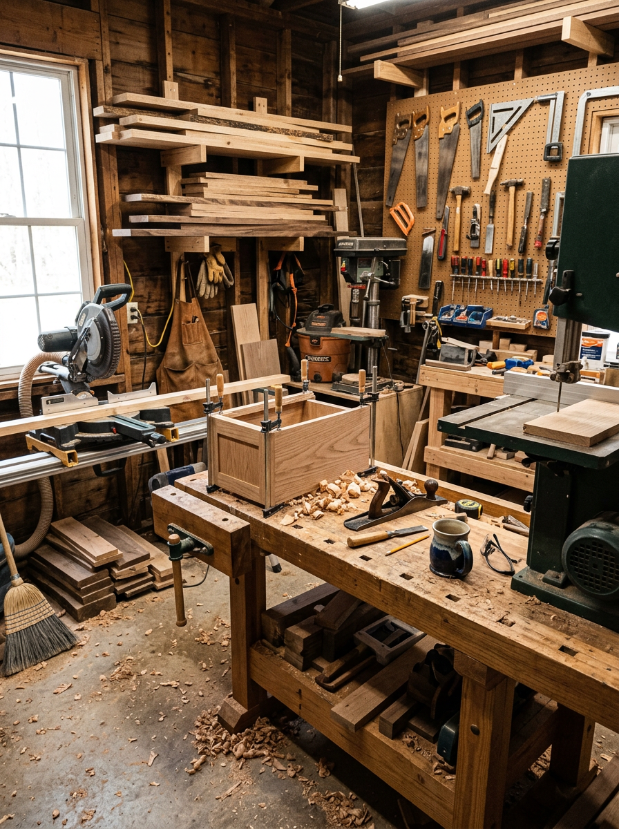 Interior of a woodworking shop featuring a workbench with hand plane shavings, a miter saw, band saw, pegboard wall of hand tools, and stacked lumber shelving near a window.