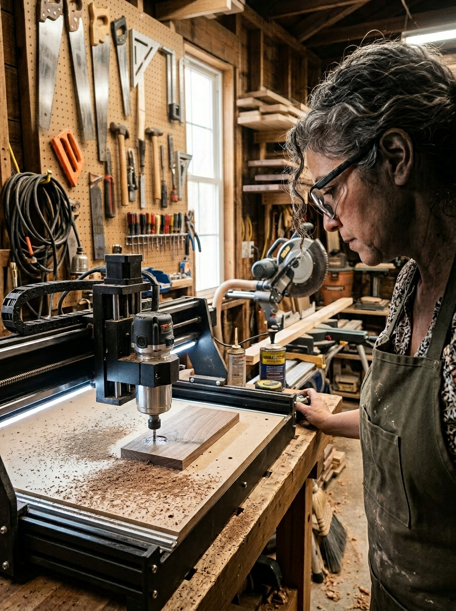 A woman wearing safety glasses and an apron monitors a CNC router cutting into a wood panel inside a rustic woodworking shop with hand tools on a pegboard wall behind her.