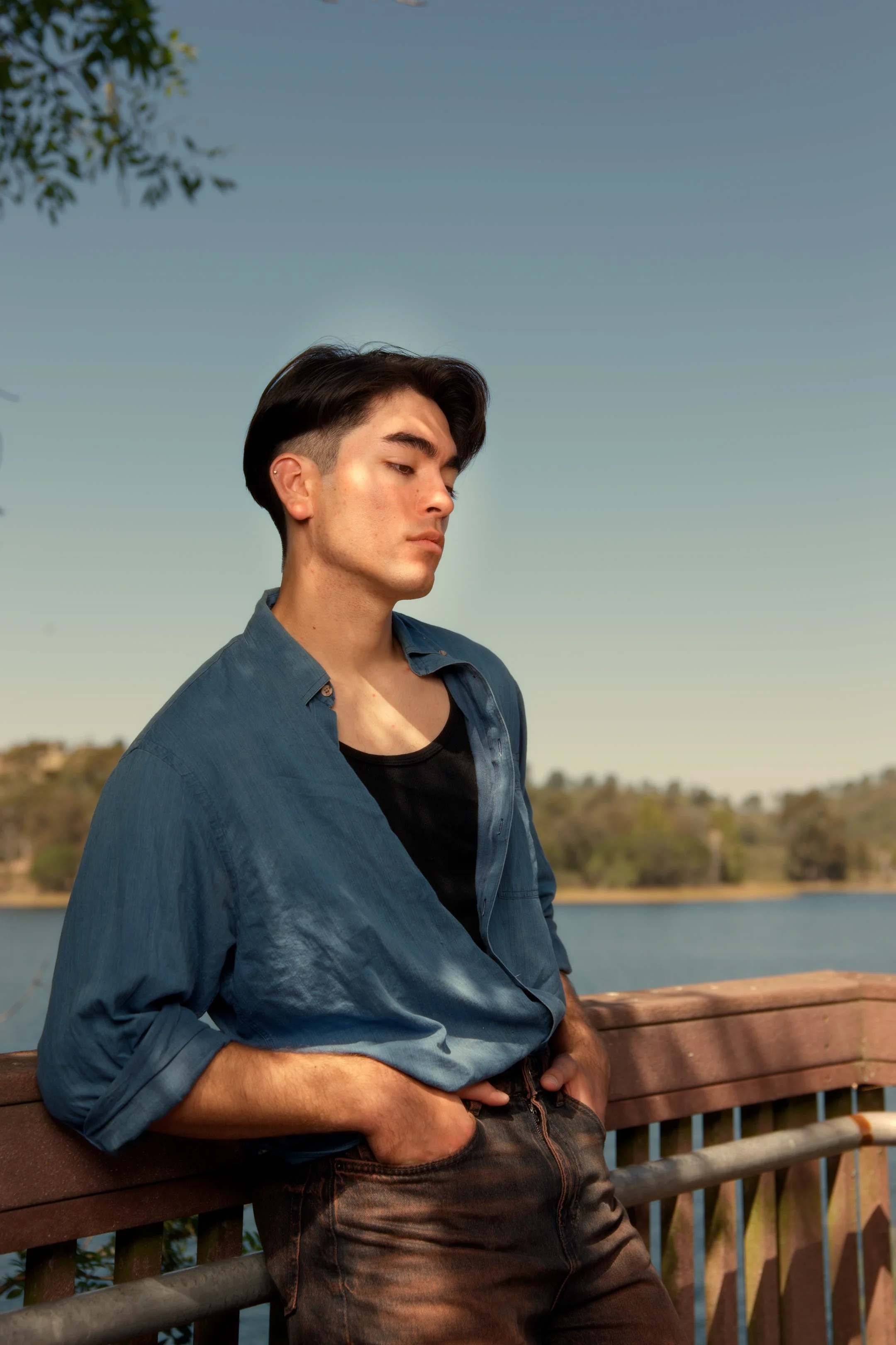 Young man with dark hair, wearing a blue button-up shirt over a black t-shirt, leaning against a railing outdoors with a lake and hills in the background.