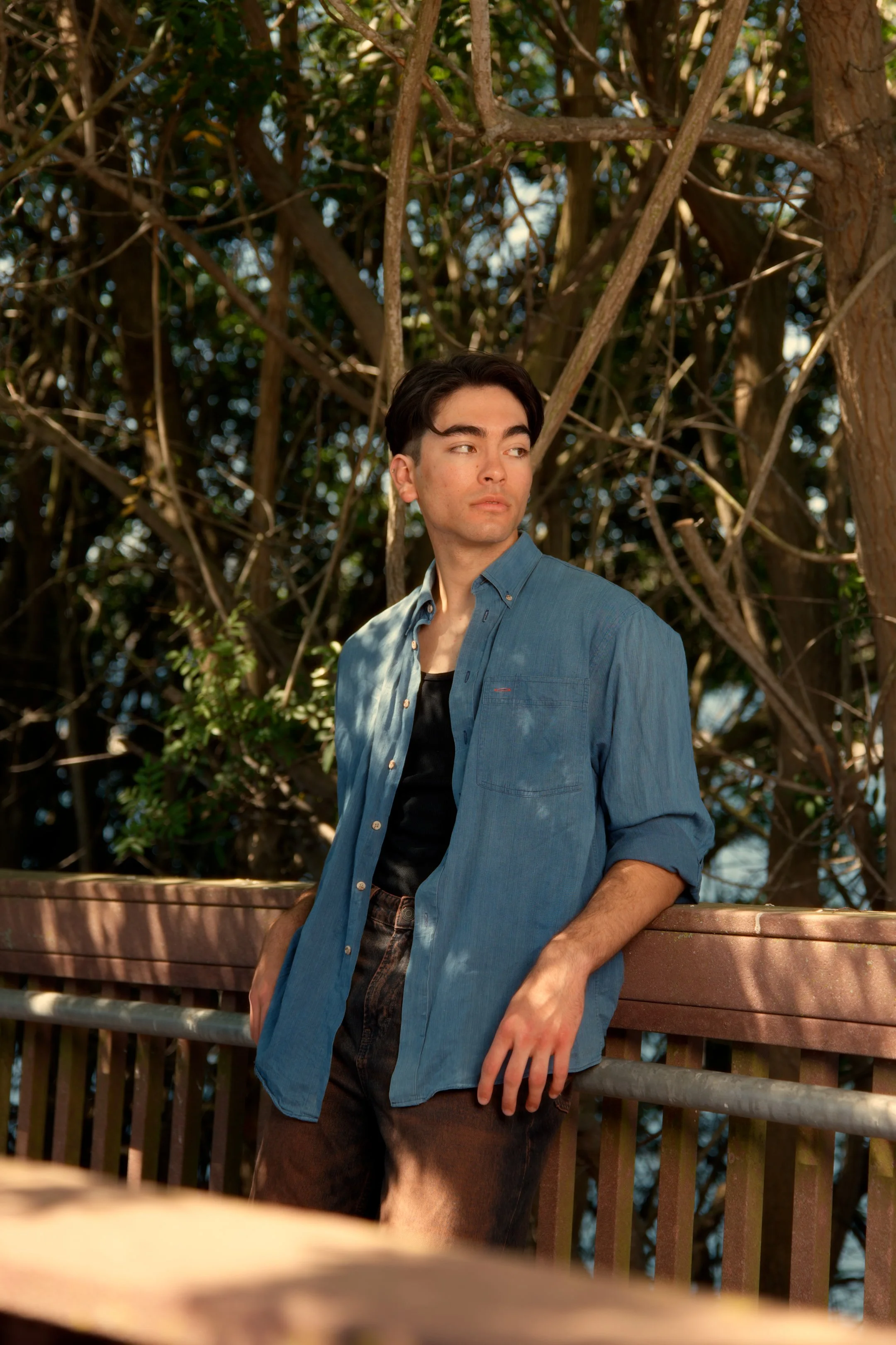A young man with dark hair wearing a blue denim shirt over a black t-shirt, standing outdoors near a wooden railing, with a background of trees and foliage, looking to the side.