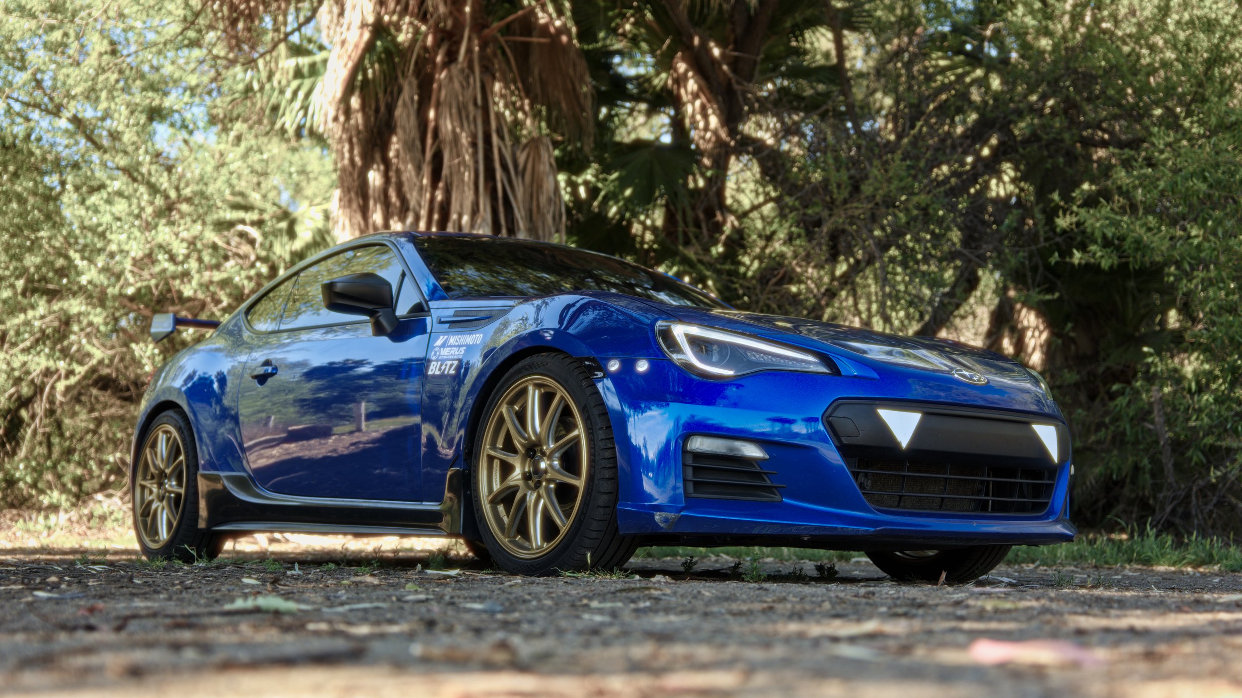 A blue sports car with gold wheels parked on a dirt surface in front of trees and bushes.