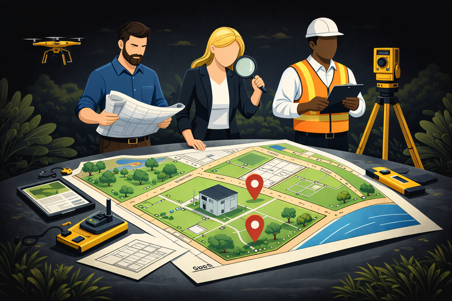 Illustration of three engineers analyzing a site plan outdoors at night, with surveying equipment, drone, and a map with location pins.