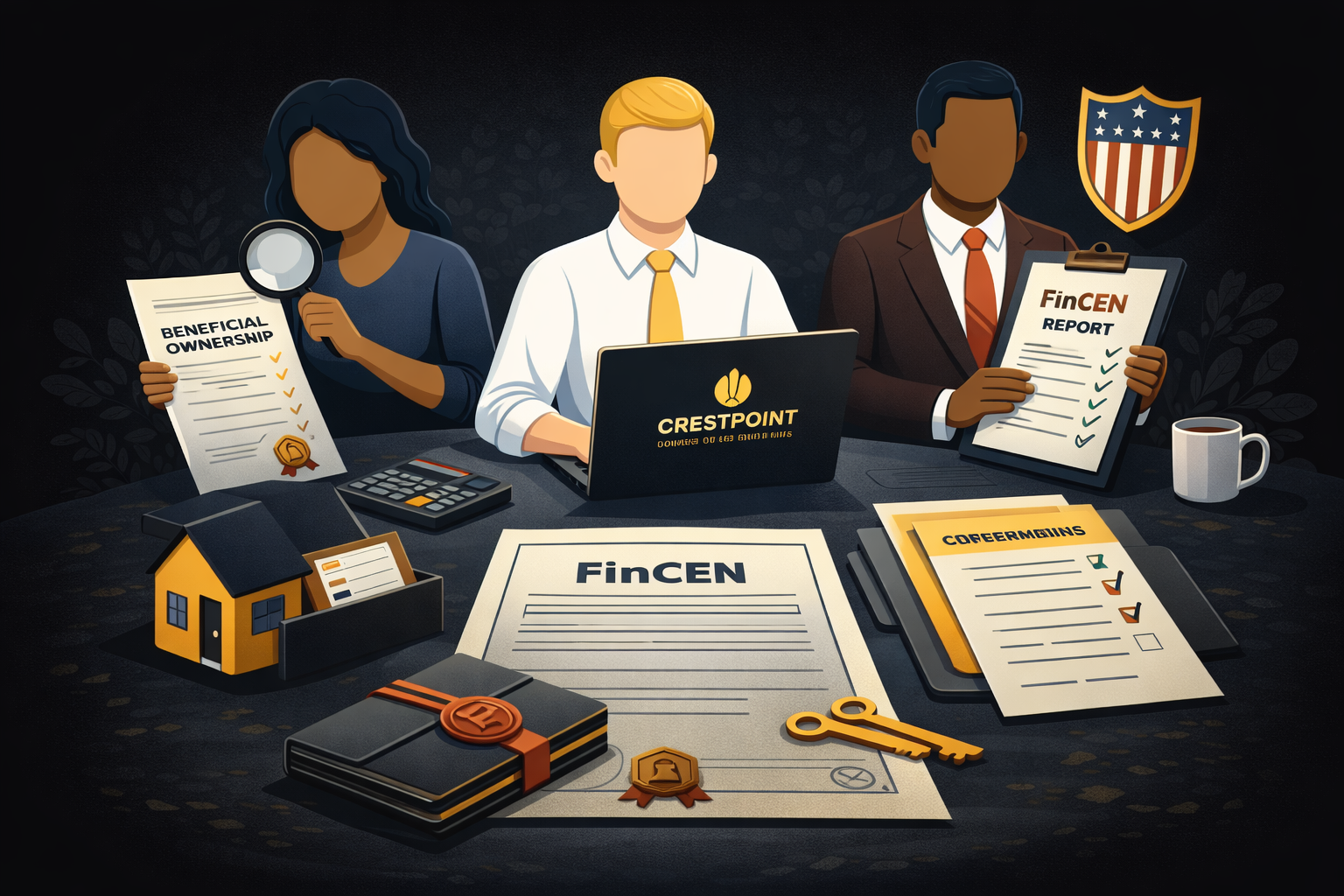Illustration of three diverse professionals at a desk dealing with financial and legal documents, including reports, a house model, a calculator, and office supplies, with an American flag shield symbol in the background.
