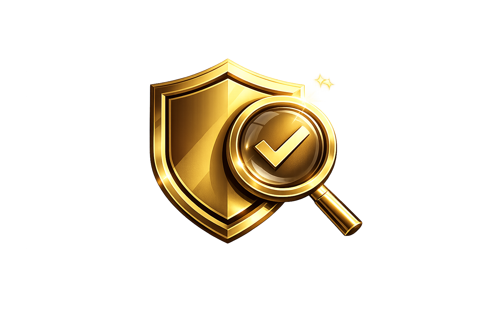 Gold shield icon with a magnifying glass showing a checkmark, symbolizing security or protection.