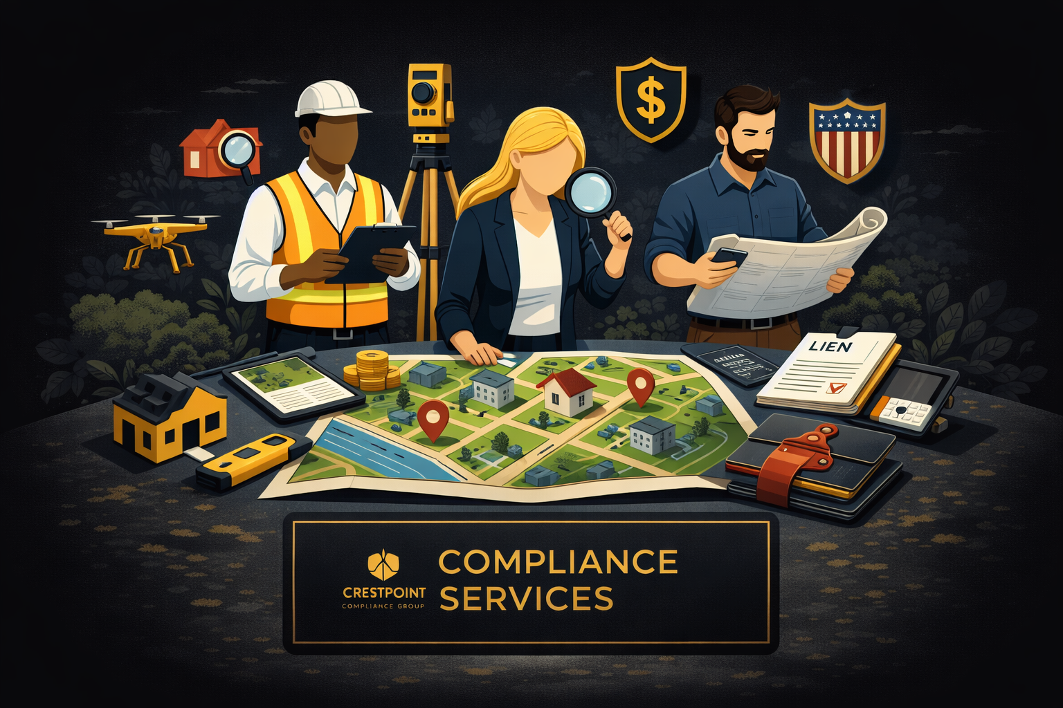 Illustration of compliance services for real estate development, including surveyors, inspectors, map planning, legal documents, and safety equipment, with the word 'Compliance Services' and a Crestpoint Compliance Group logo.