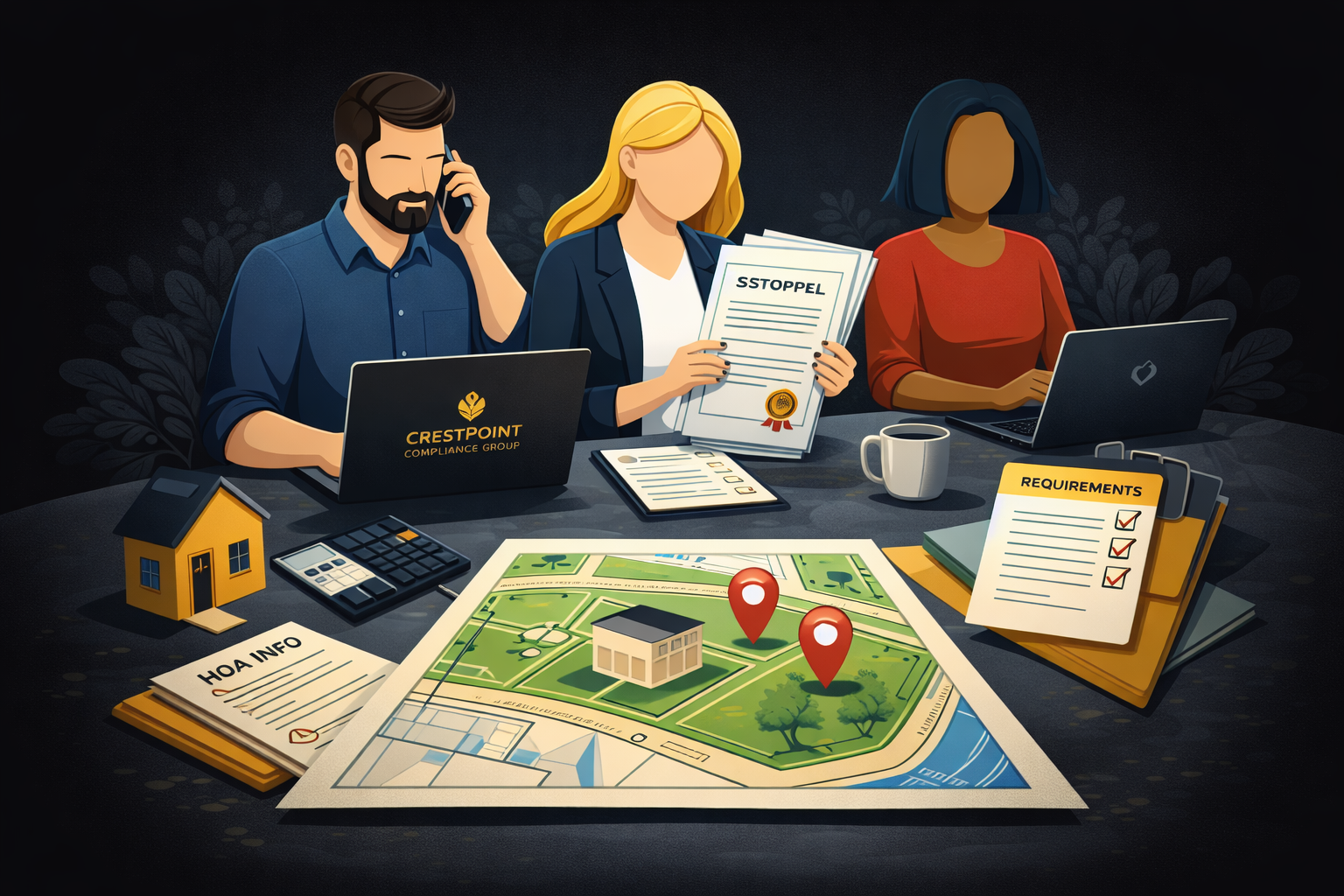 Illustration of three people at a meeting table discussing real estate, with maps, documents, laptops, and office supplies, in a dark background.
