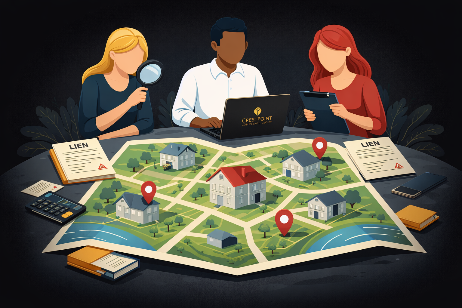 Three people analyzing a map of houses and neighborhoods, with paperwork, laptops, and a magnifying glass, during a real estate or property planning meeting.