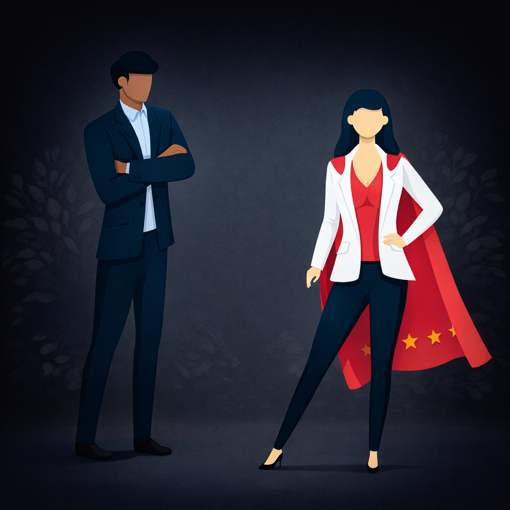 A man in a navy suit with a white shirt is standing with his arms crossed, looking at a woman dressed as a superhero with a white blazer, red dress, black pants, and black heels, standing confidently with one hand on her hip, and a red cape with stars.