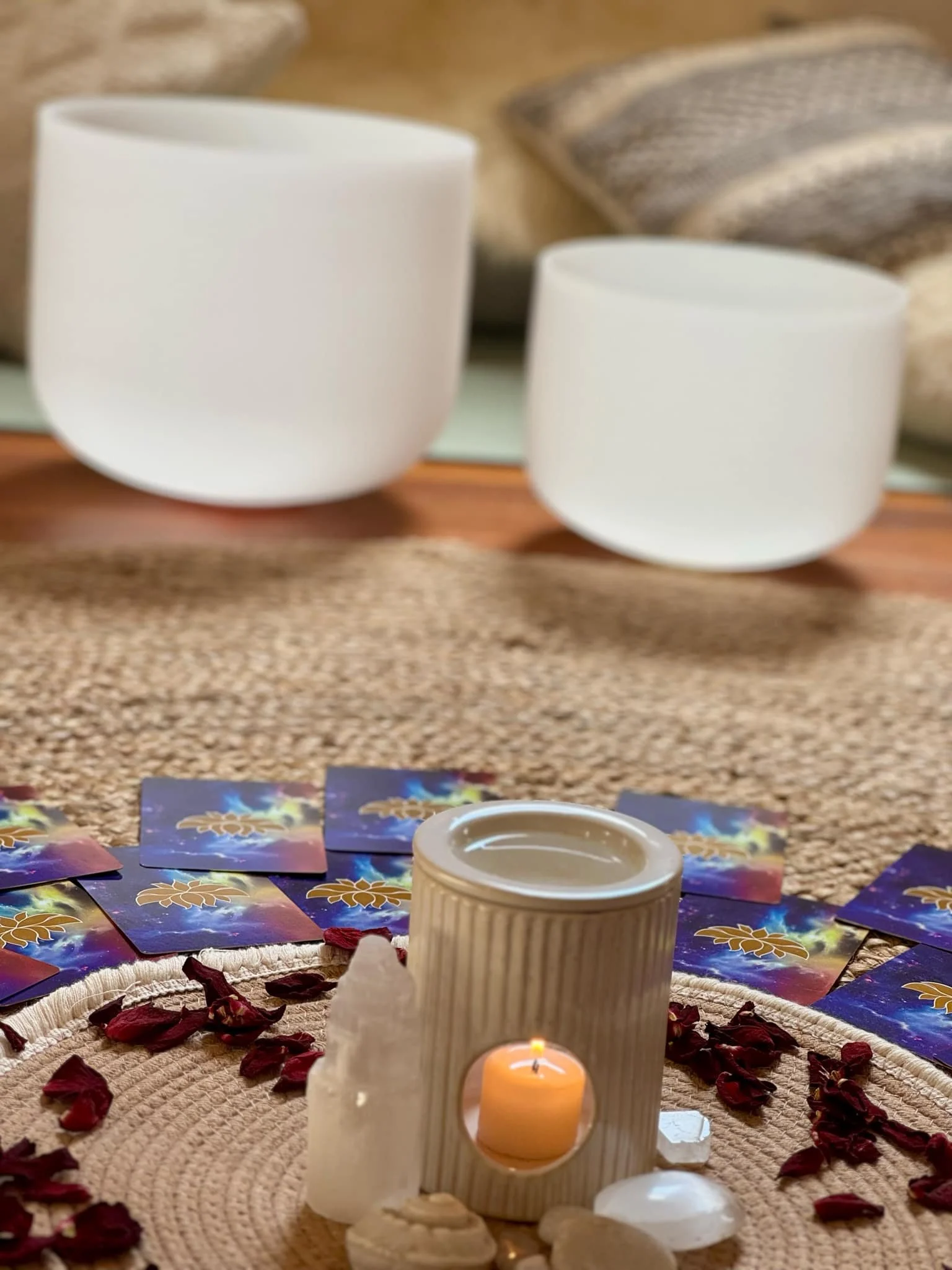 Mindfulness and sound therapy session setup with singing bowls and calming space in Hobart and the Huon Valley