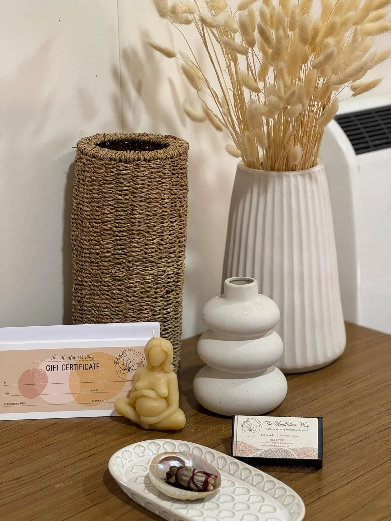 Wellbeing gift certificate and calming decor for mindfulness services in Hobart and the Huon Valley