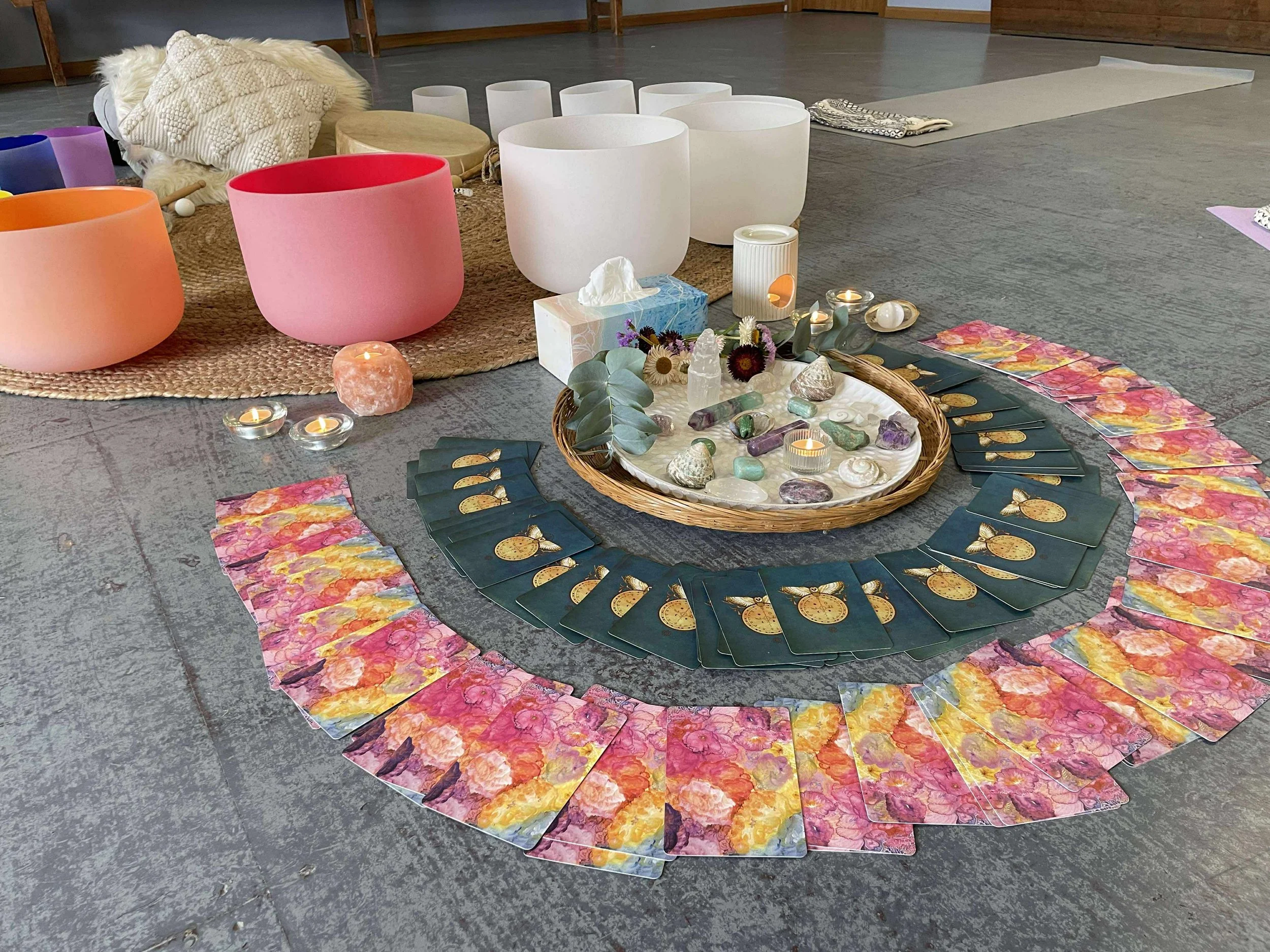 Sound therapy circle setup with singing bowls and group workshop space in Hobart and the Huon Valley