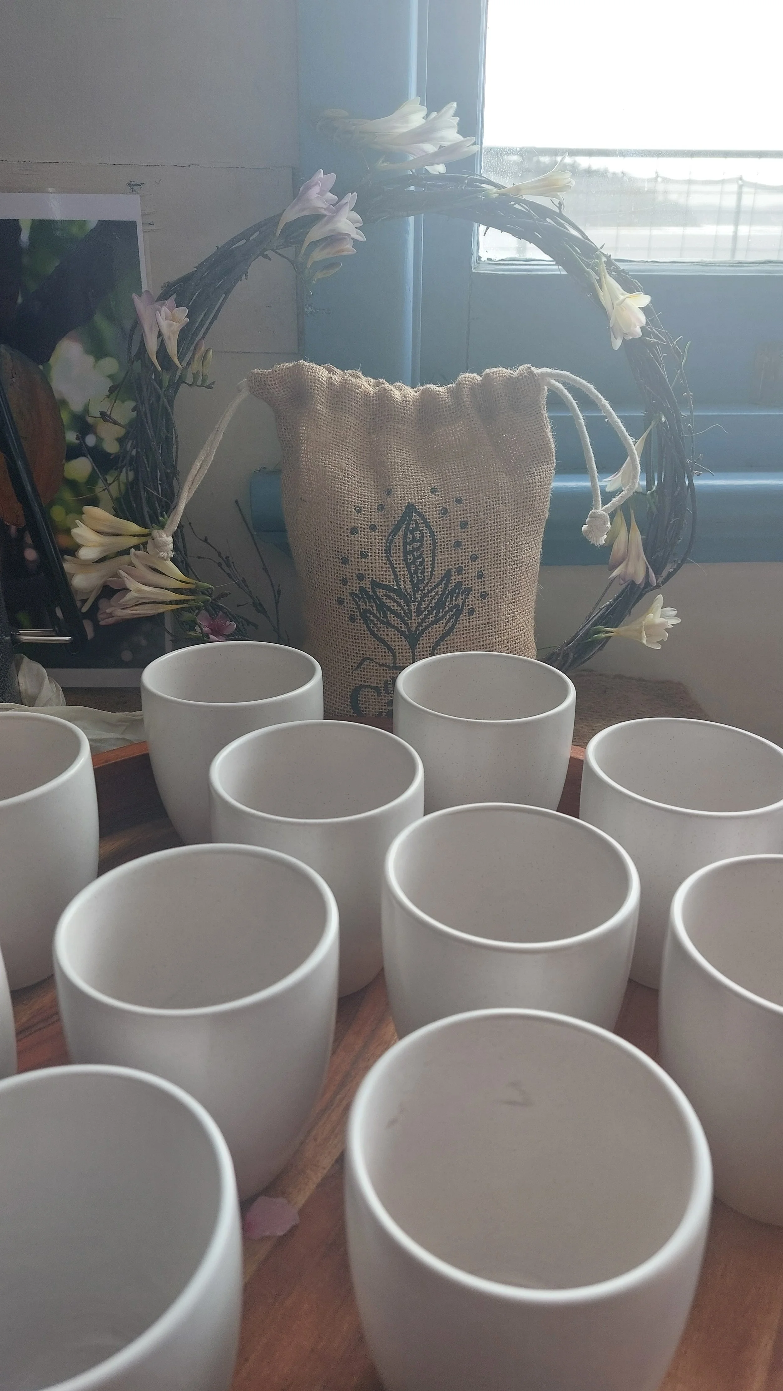Cups prepared for a cacao ceremony as part of a mindfulness session in Hobart and the Huon Valley