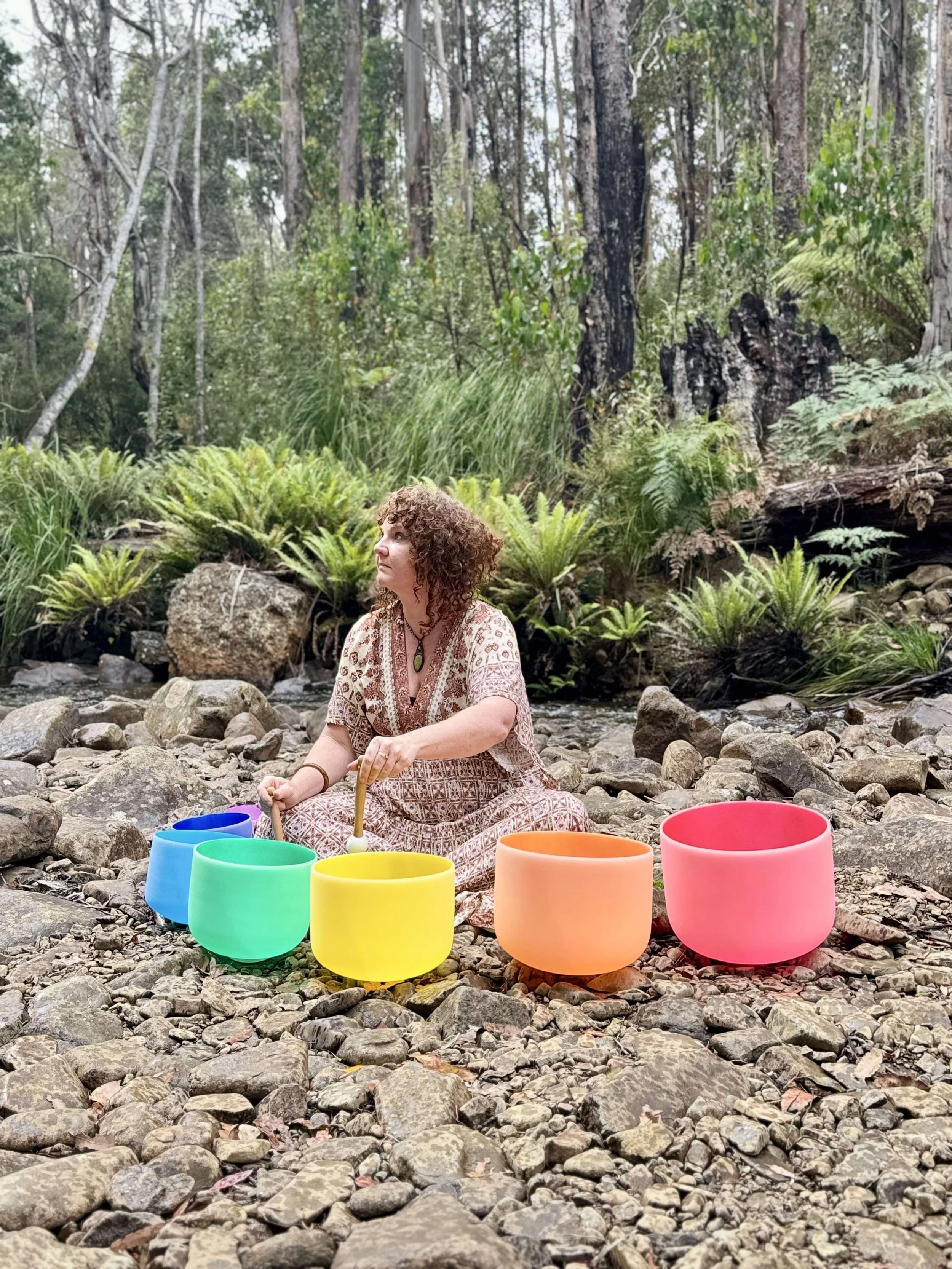 Outdoor sound healing session with crystal singing bowls in the Huon Valley, Tasmania