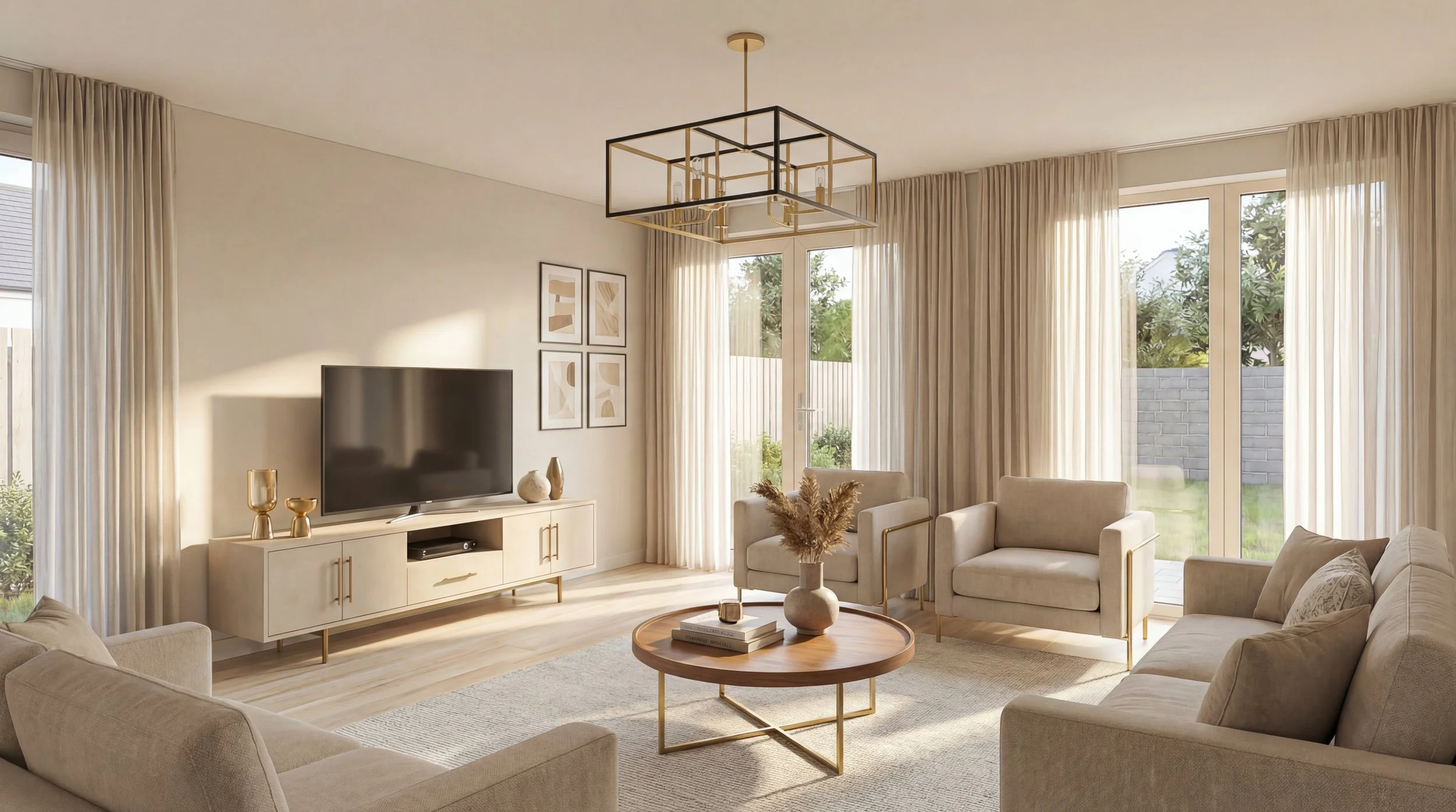 Bright living room with beige sofas, a round wooden coffee table, a white TV stand, a flat-screen TV, framed artwork on the wall, and large windows with cream curtains letting in natural light, with a view of a backyard with green grass and trees.