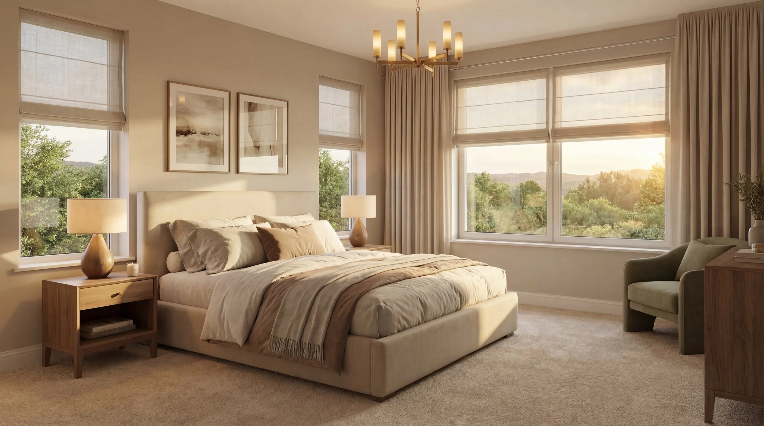 Bedroom with a large bed, nightstands with lamps, framed artwork above the bed, large windows letting in natural light, beige curtains, and an armchair in the corner, overlooking a green landscape at sunset.