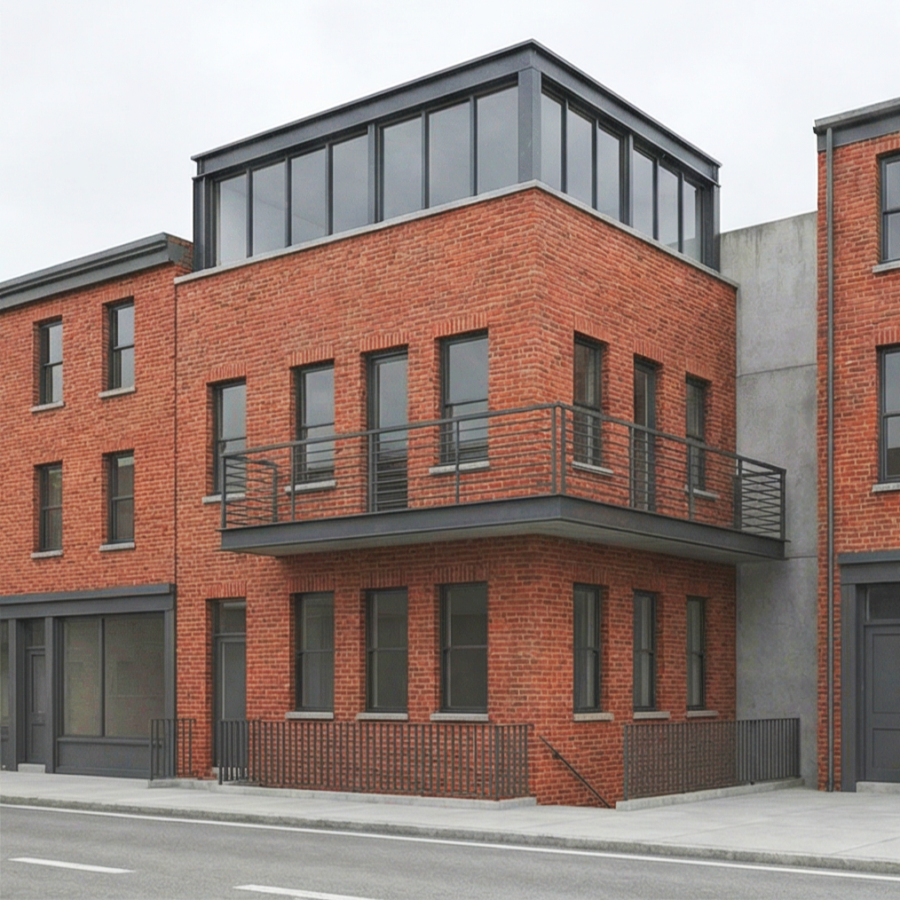 Modern red brick multi-story building with black window frames and a corner balcony with metal railing.
