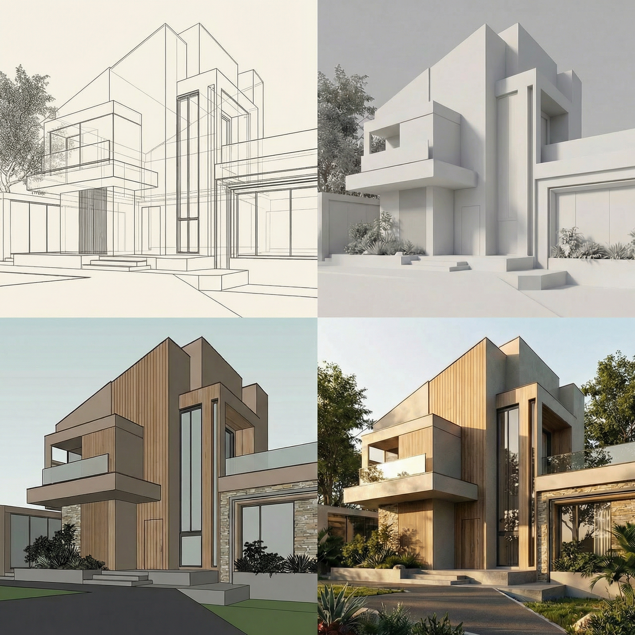 Progression of a modern house design from sketch, white model, digital render, to finished house with wood siding and landscaping.