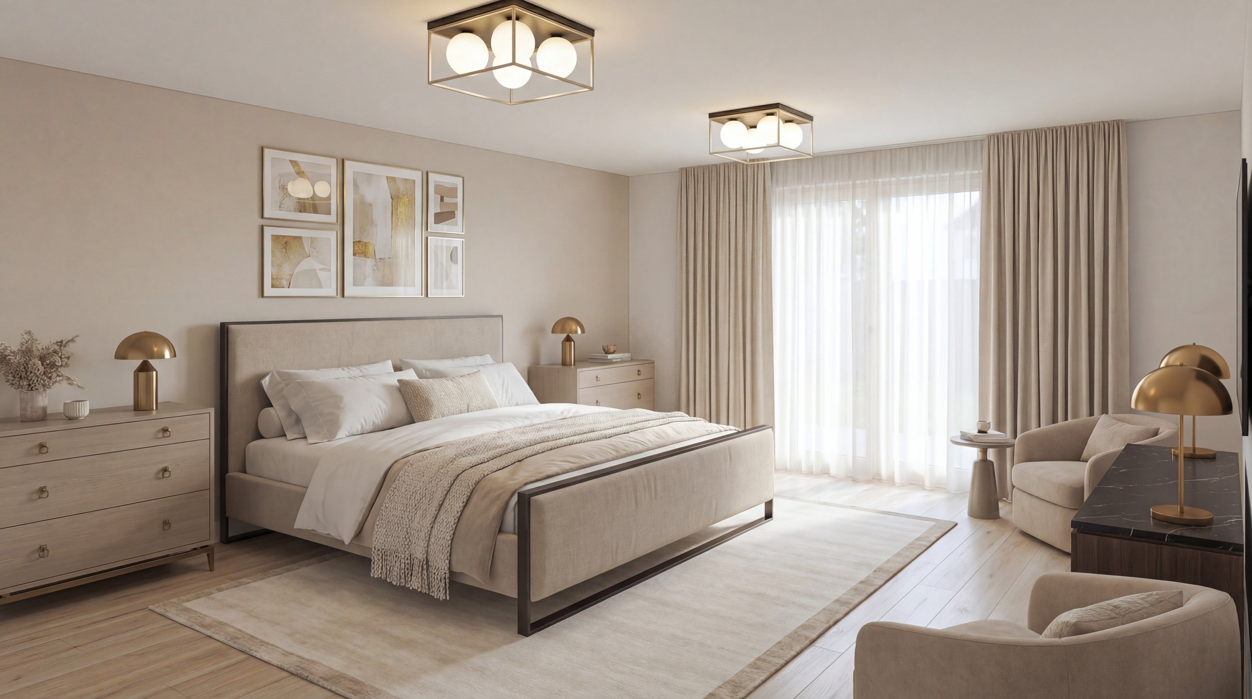Bright bedroom with beige walls, a large bed with white bedding, gold lamps, built-in and bedside furniture, artwork above the bed, curtains, and seating area.