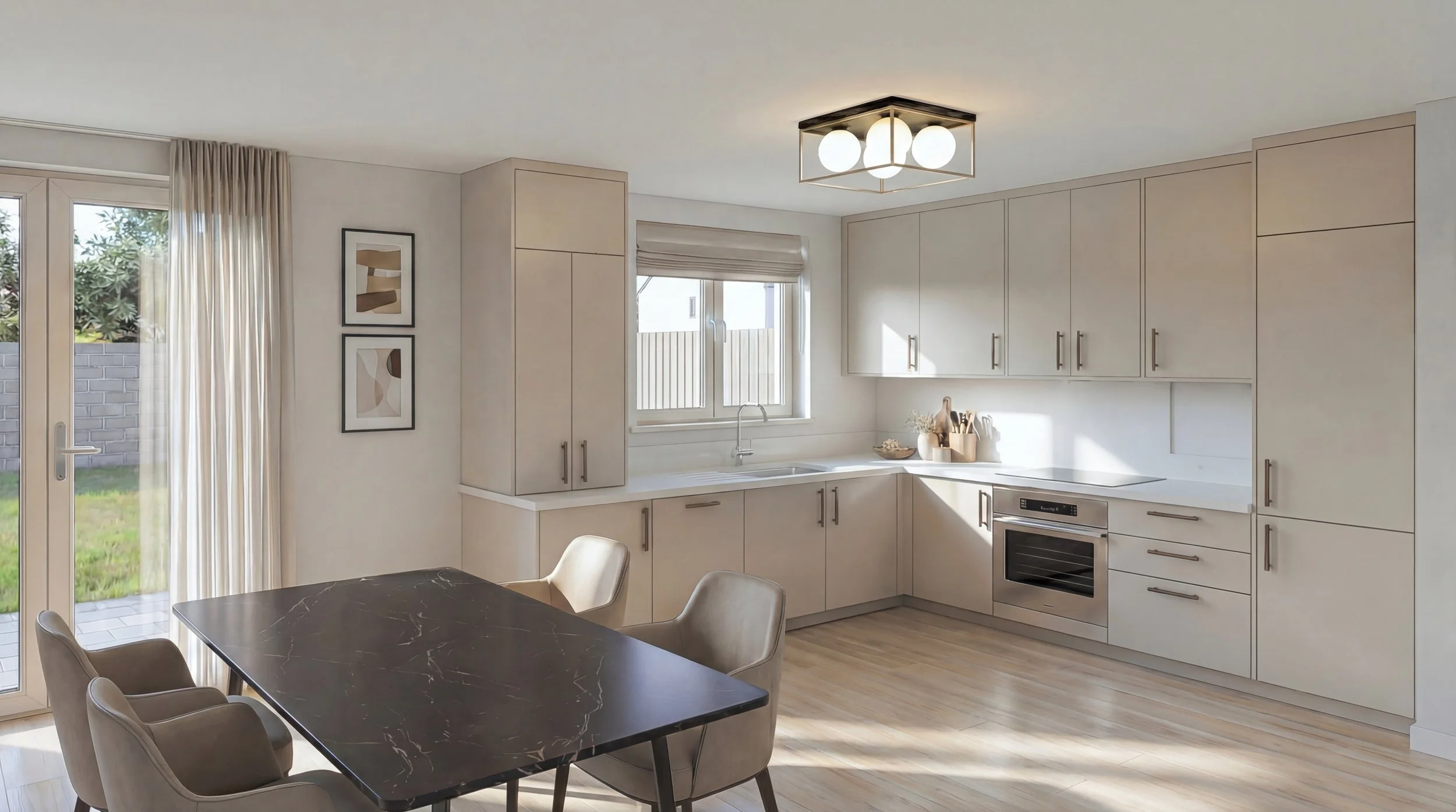 Modern, minimalistic kitchen with beige cabinets, a black marble dining table, beige chairs, and large windows with cream curtains letting in natural light.