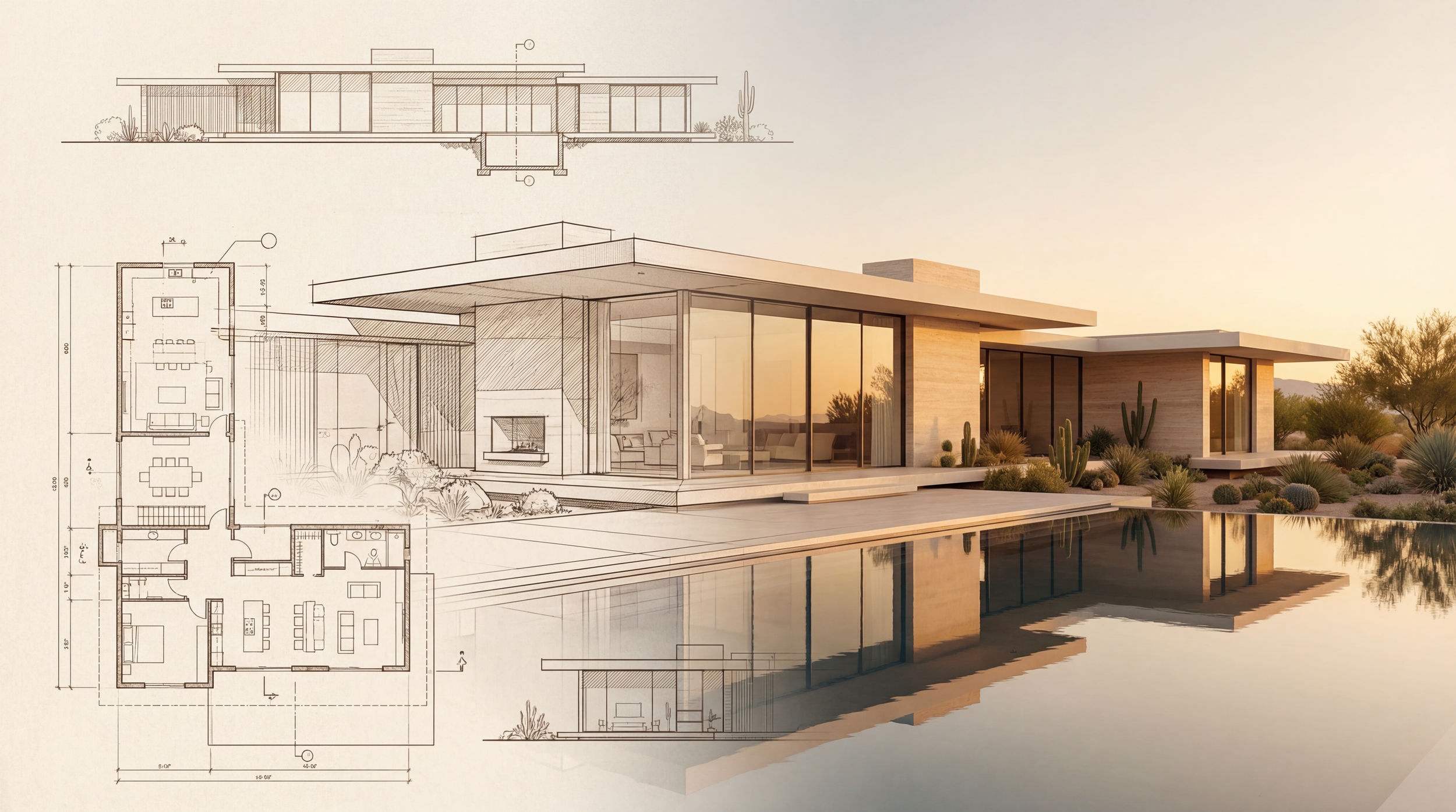 Modern house with large glass windows, desert landscape with cacti, and architectural blueprints in the background during sunset.