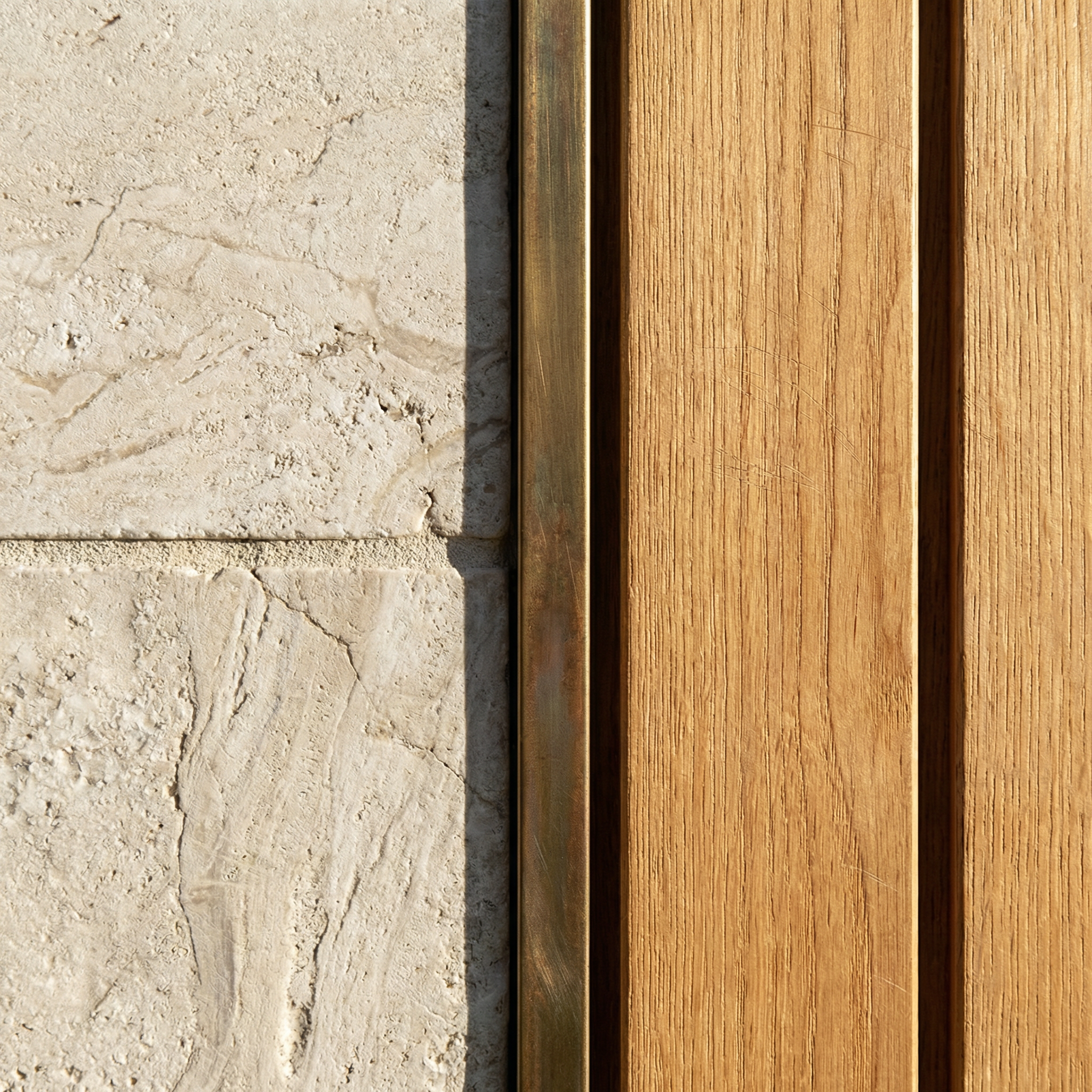 Close-up of a wall with stone tiles on the left and wooden planks on the right, separated by a metallic strip.