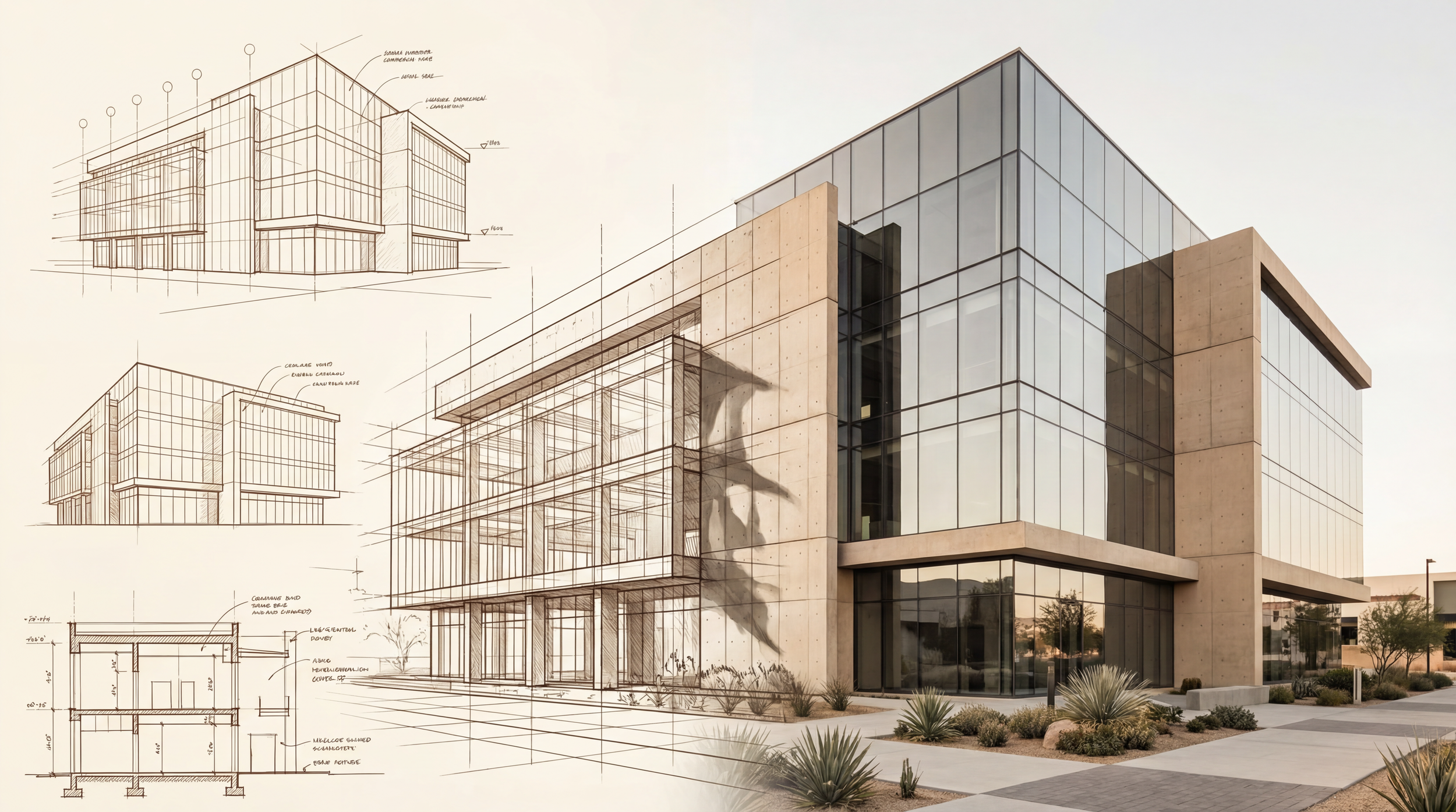A modern building with large glass windows and concrete walls. There are architectural sketches and blueprints of the building on the left side, and the finished structure on the right side, with landscaping including desert plants in the foreground.