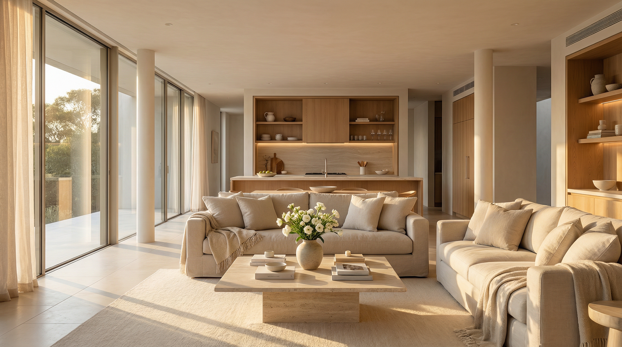 Living room with beige sofas, a wooden coffee table with books and a vase of white flowers, large glass sliding doors, and a modern open kitchen with wooden shelving and a breakfast bar.