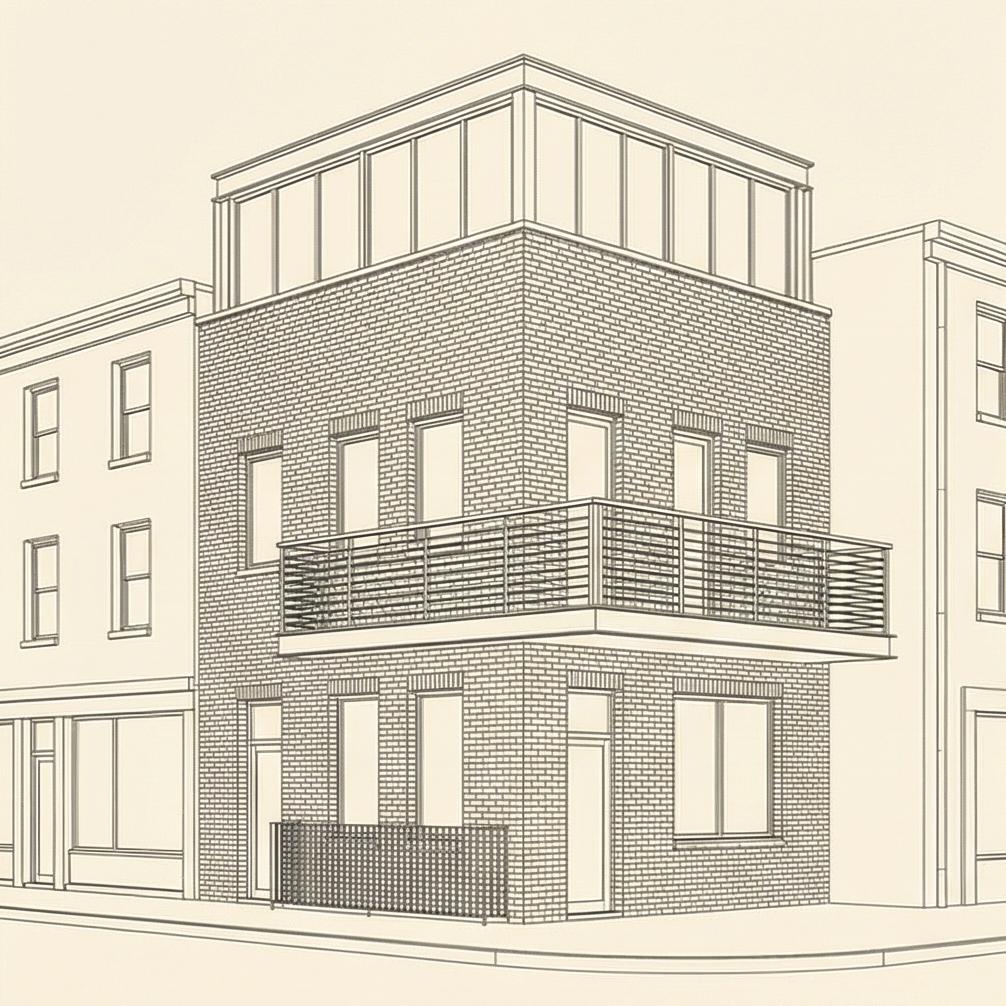 Line drawing of a modern, three-story brick building with large windows, a corner balcony with railing, and a rooftop enclosure, surrounded by other similar buildings.