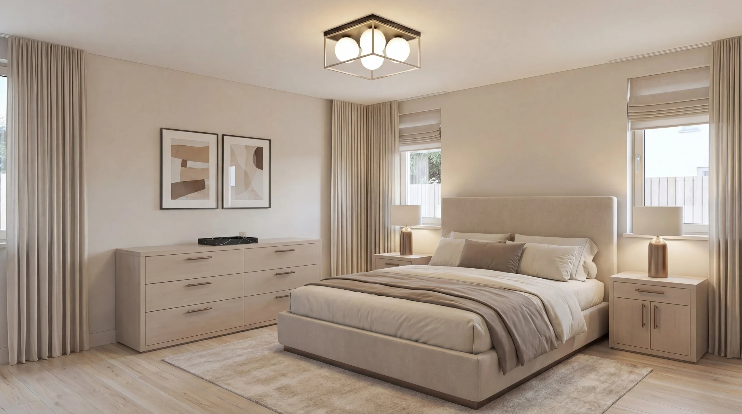 Modern bedroom with a large bed, beige headboard, neutral bedding, two nightstands with lamps, a dresser, abstract artwork, and windows with curtains.