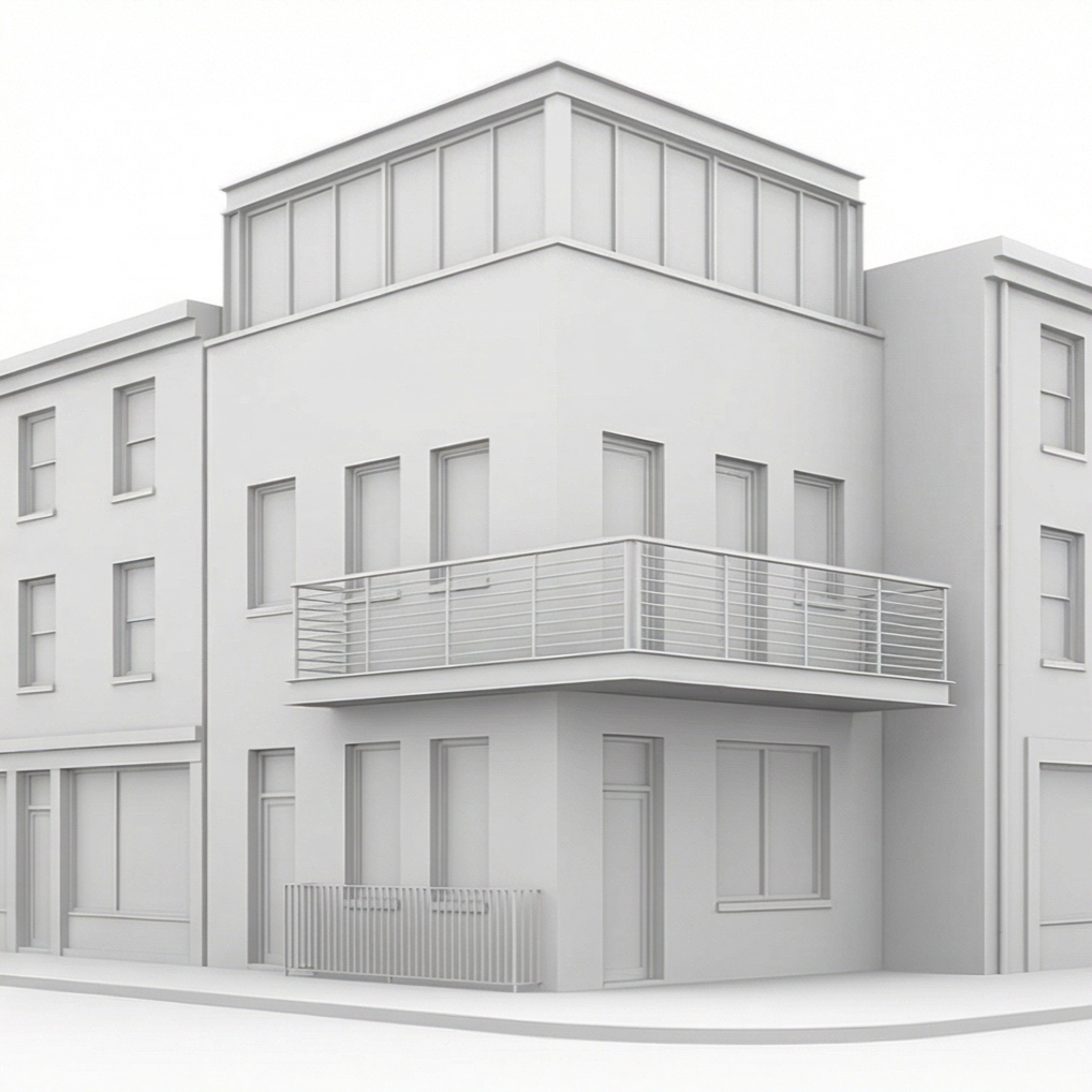 A white multi-story building with large windows and metal railings on the balcony. The building has a modern architectural style.