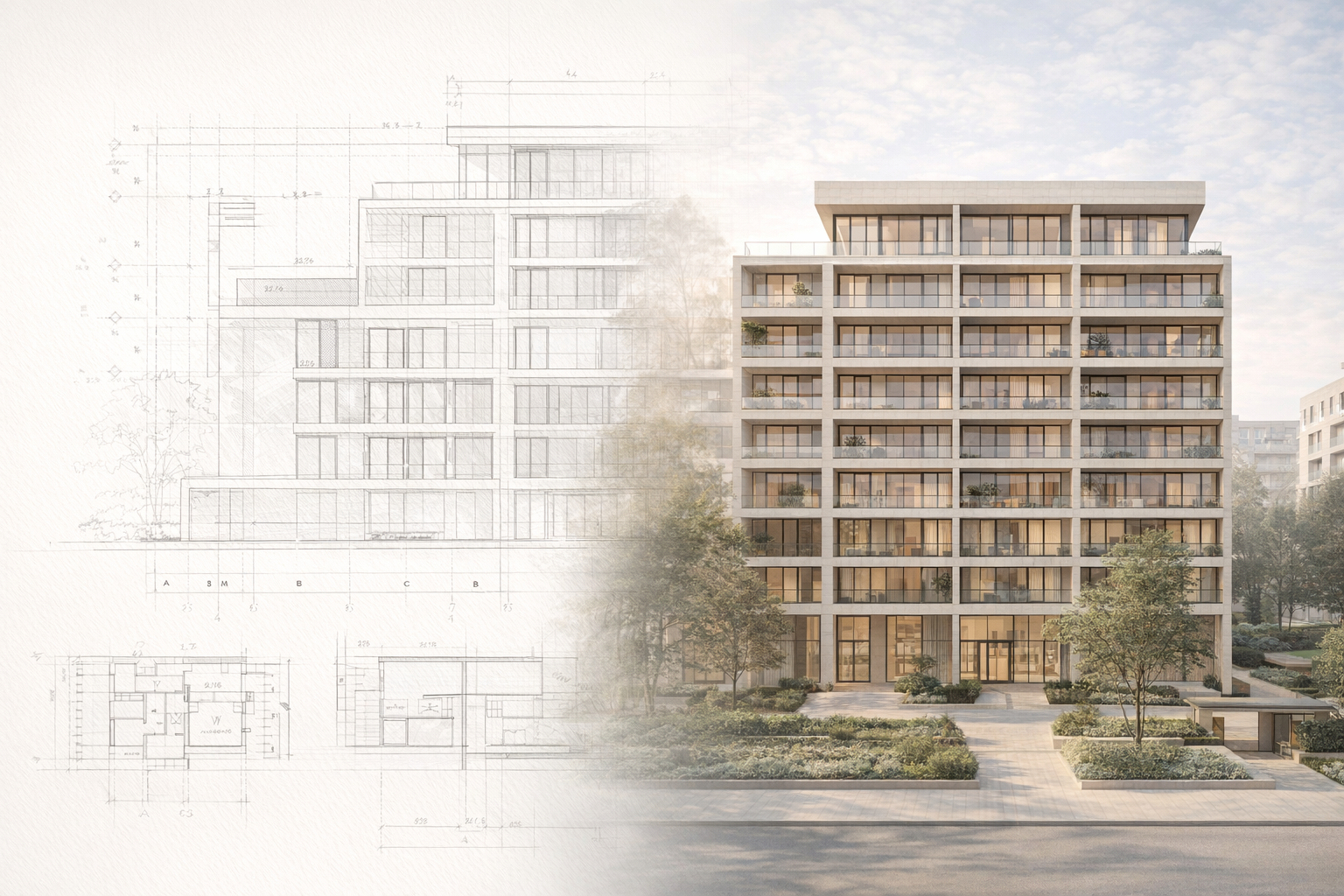 The image shows an architectural blueprint on the left side fading into a finished modern multi-story residential building on the right side, with trees and a sidewalk in the foreground under a partly cloudy sky.