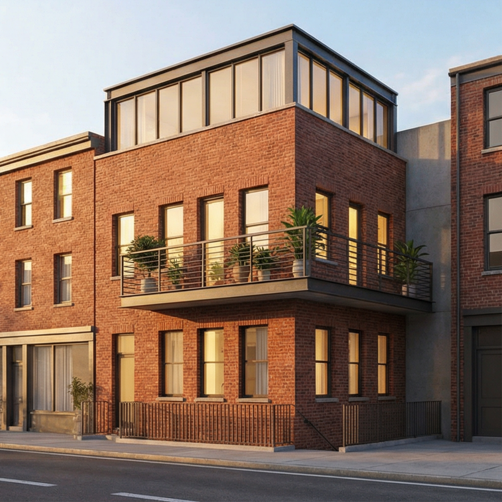 A modern brick apartment building with large windows and a balcony with potted plants, set against a city street at sunset.