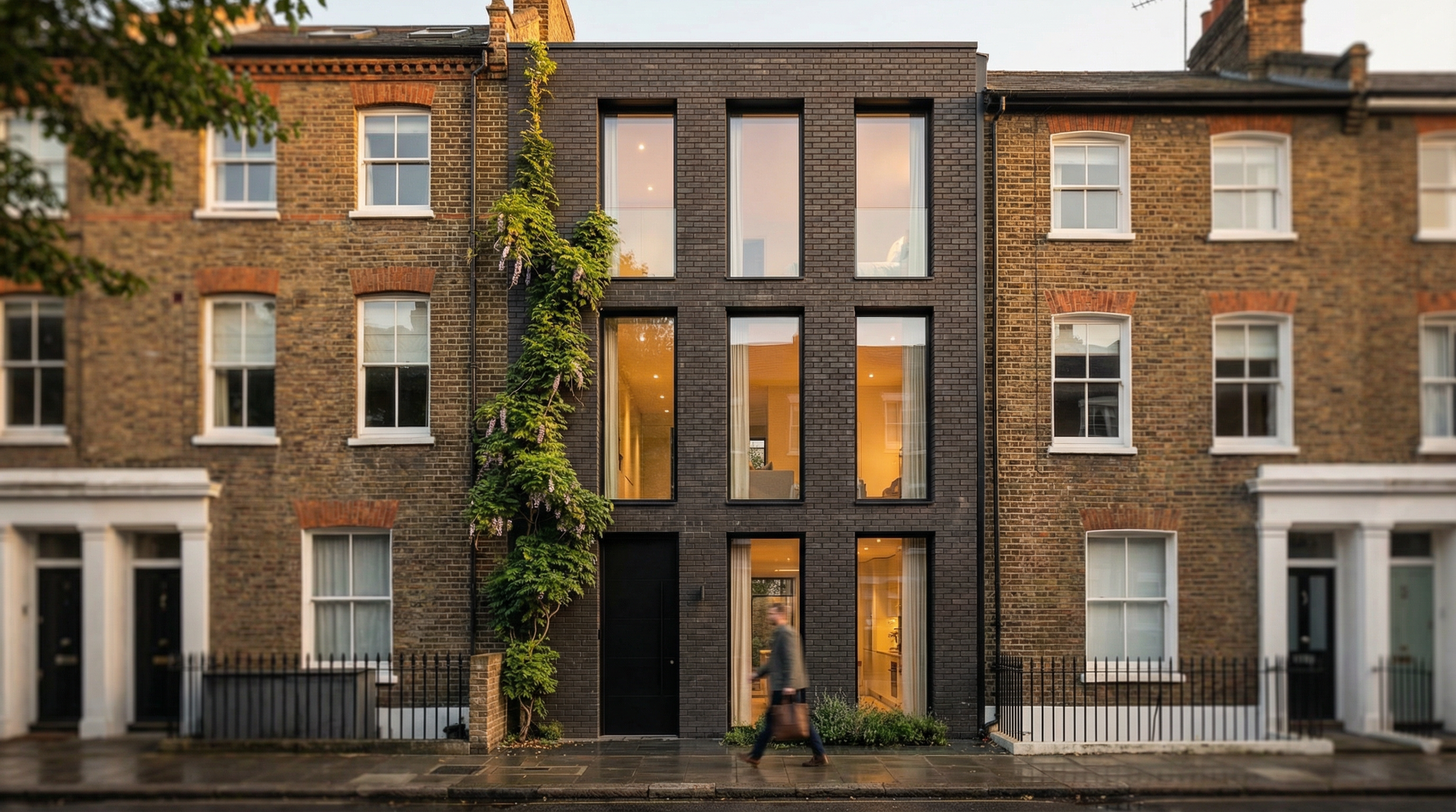 A modern, slim black brick building with four large vertical windows on each of its five floors, situated between two traditional brown brick buildings with white-framed windows. A person is walking on the sidewalk in front of the building, and there