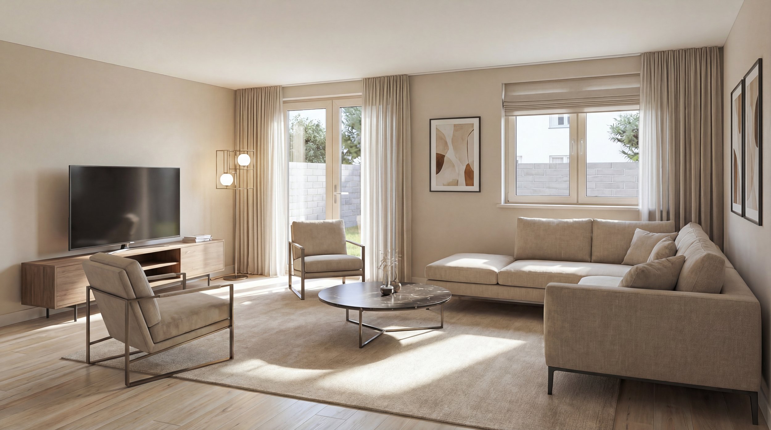 Bright living room with beige walls, large windows with curtains, off-white L-shaped sofa, armchairs, round coffee table, flat-screen TV on wooden stand, armchair near window, wall art, and neutral-toned floor lamp.