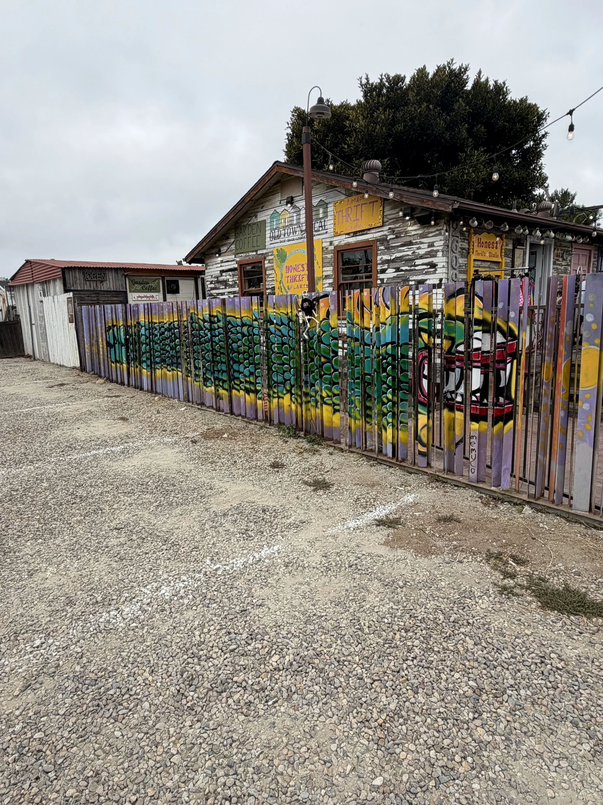 Wide view of the dragon mural at La Esquinas with Huesito sitting on the painted fence in Old Town San Diego.