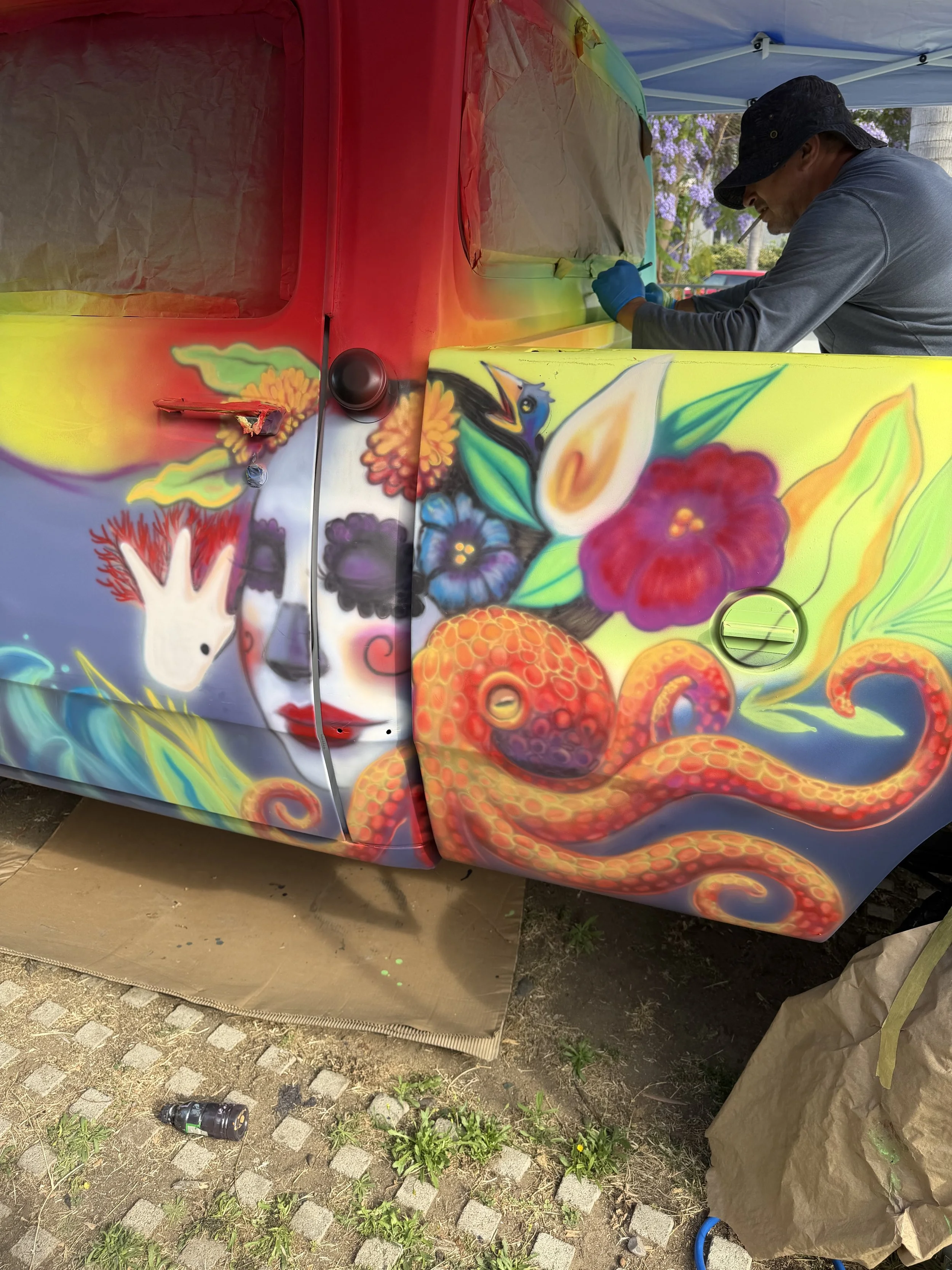 Hand-painted vintage Dodge truck featuring Mar de Flores artwork by Memuco.