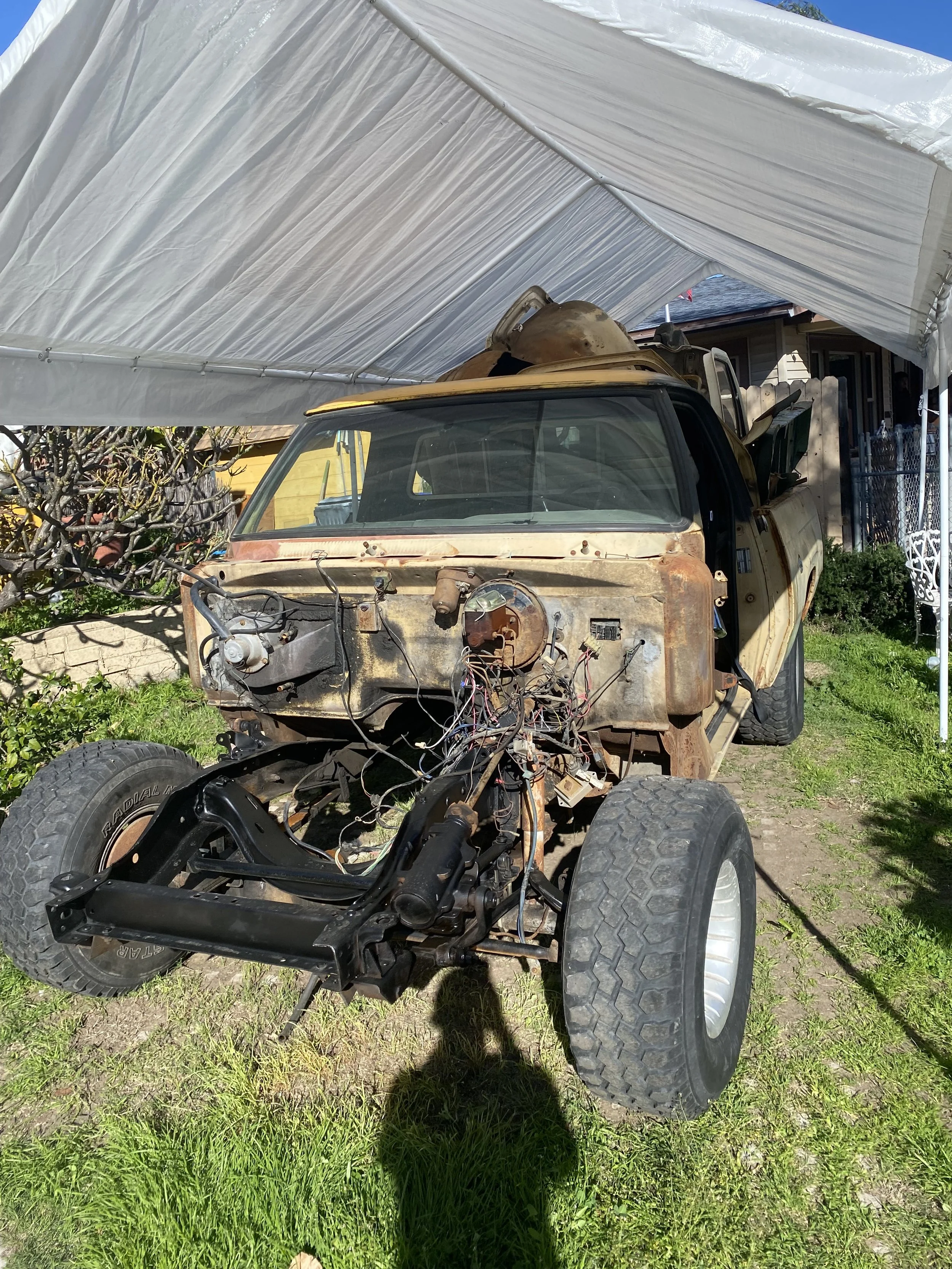 The image shows a rusty, disassembled vintage truck bed with no engine or front body parts, set under a large white canopy in a backyard. There is an overgrown bush and grass in the foreground, and a house in the background.