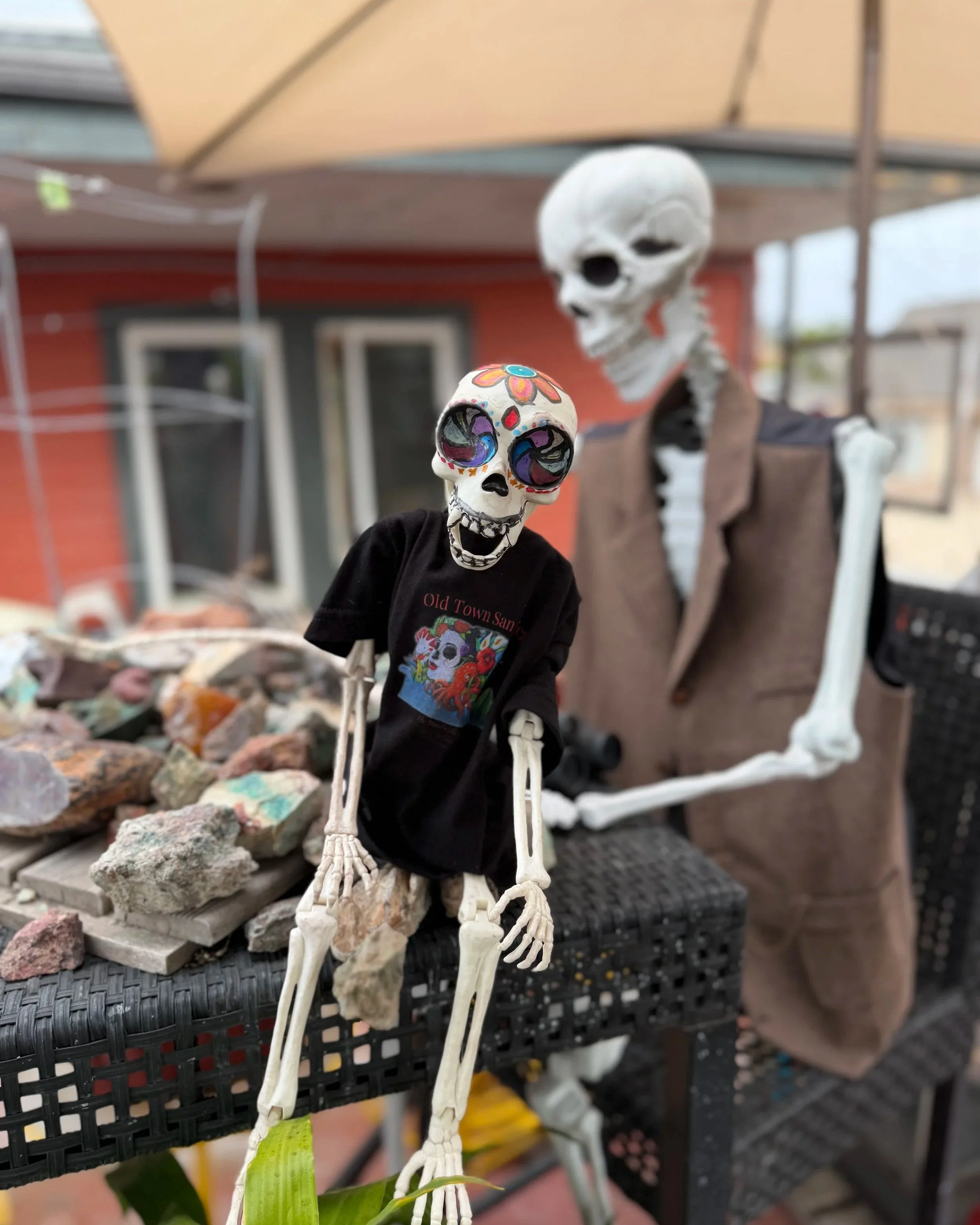 Small Day of the Dead skeleton figurine wearing an Old Town San Diego T-shirt sits on a table covered with colorful rough gemstones, while a larger skeleton figure stands behind it.