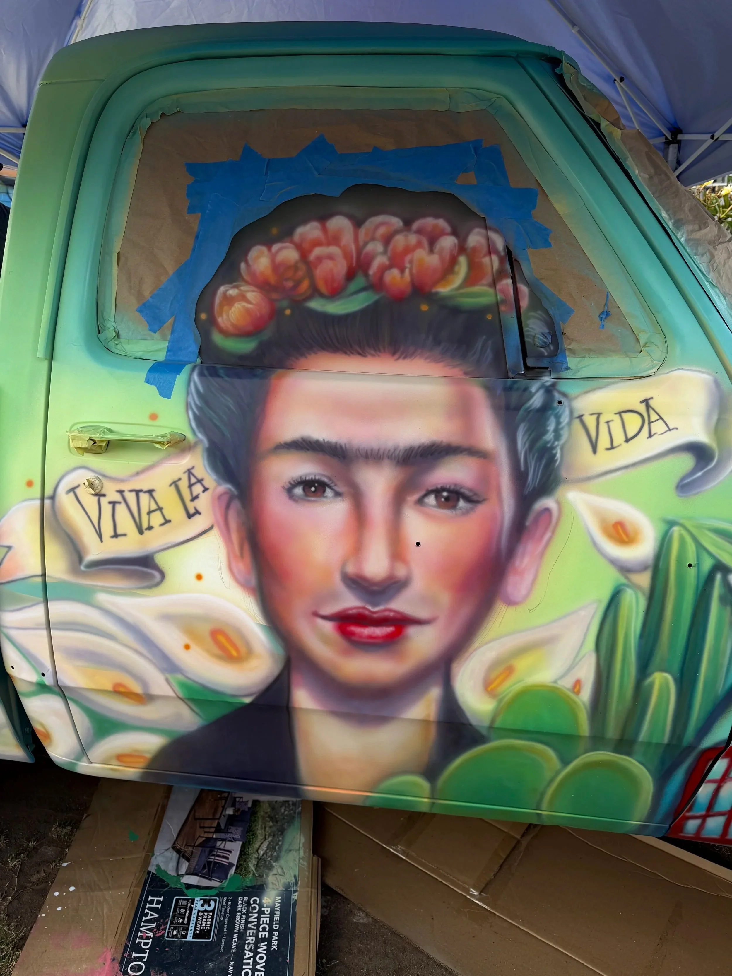 Hand-painted vintage Dodge truck displaying Viva La Vida artwork by Memuco.