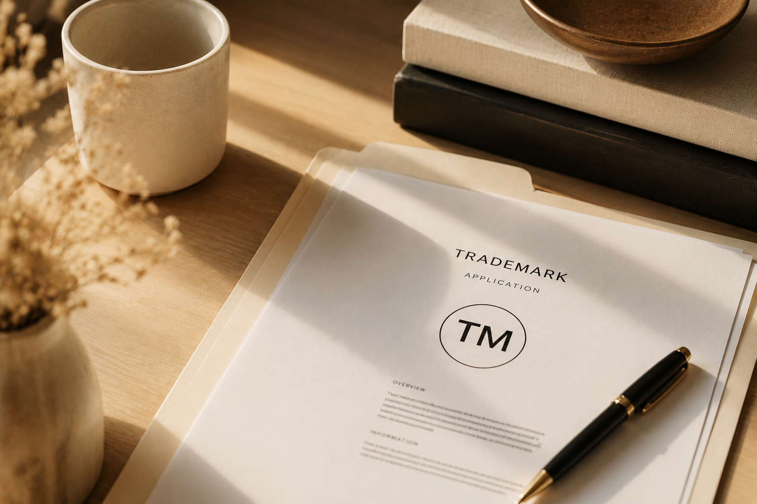 A desk with a trademark application document, a black pen, a white coffee mug, a stack of books, and a wooden bowl.