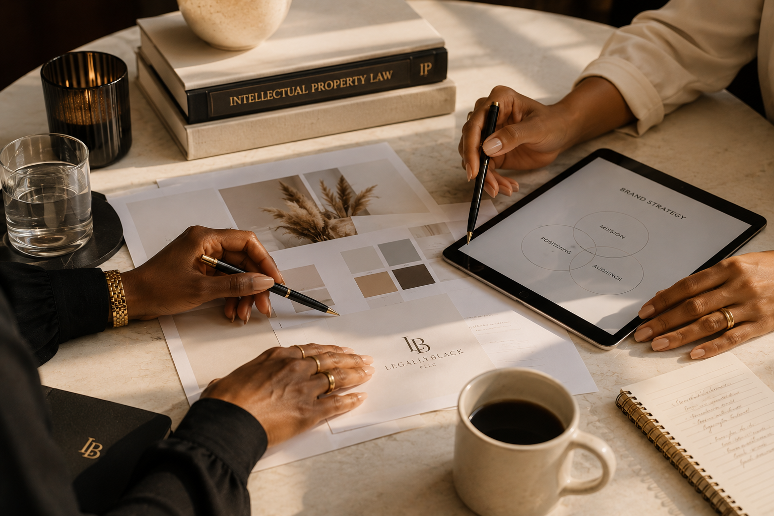 Two people working at a desk with legal documents, a tablet displaying brand strategy, a cup of coffee, glasses of water, and books on intellectual property law.