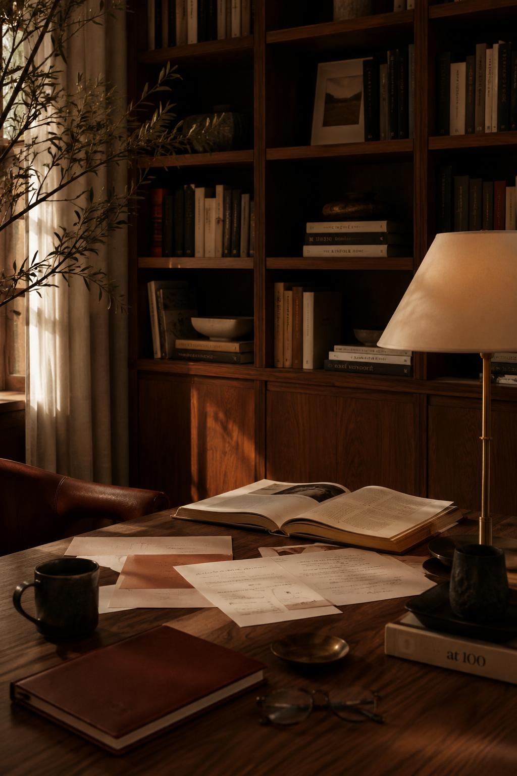 A cozy study room with a wooden table scattered with papers, an open book, a closed book, a coffee mug, glasses, and a book titled 'at 100.' There is a tall lamp, a large wooden bookshelf filled with books, a framed photo, and a potted plant near a window with curtains.