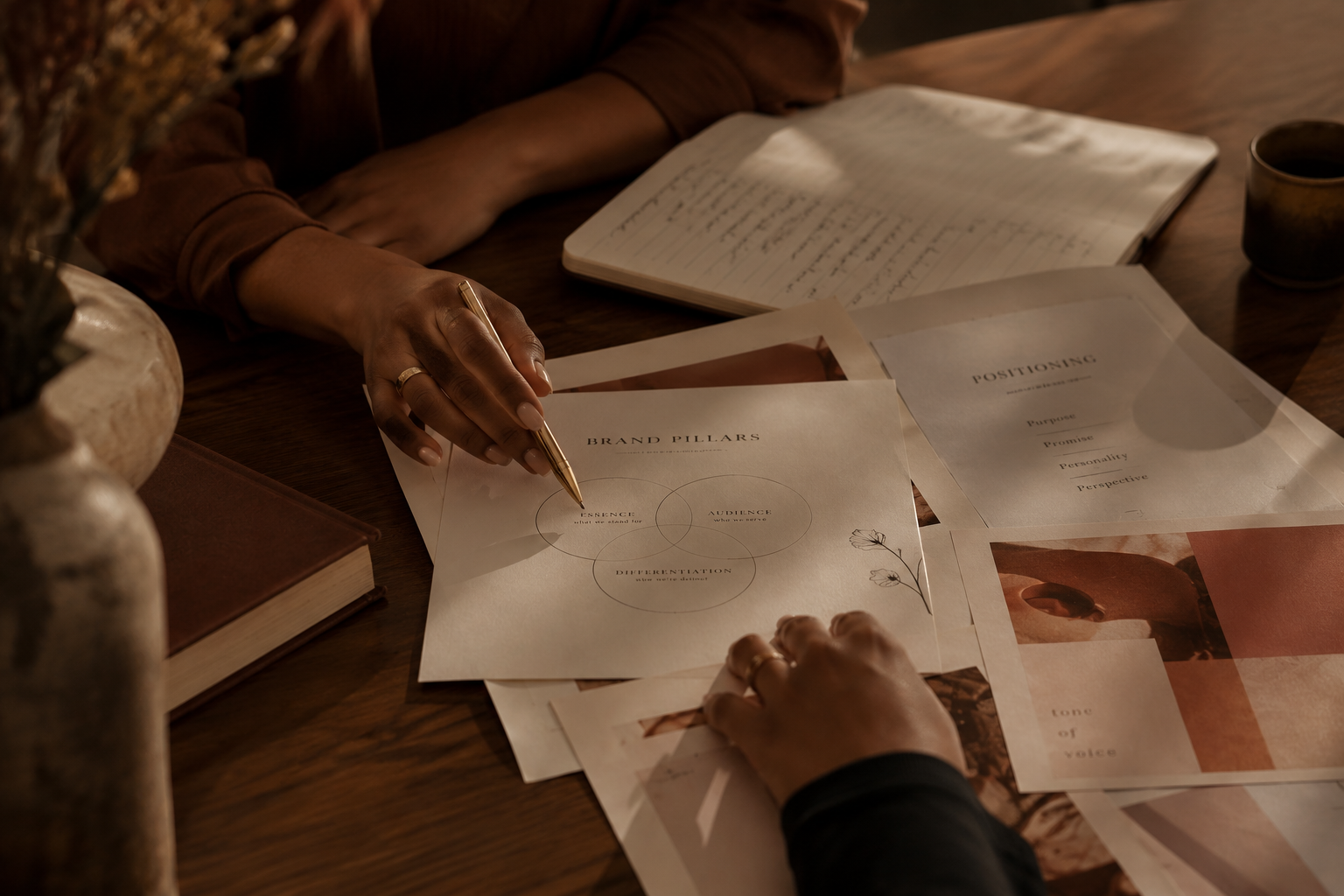 People sitting at a wooden table discussing and reviewing printed diagrams and notes on brand pillars and positioning, with notebooks and a cup on the table.