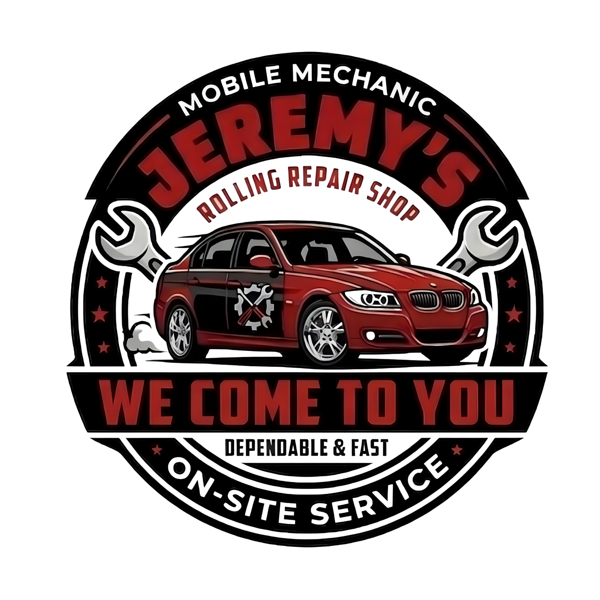 Jeremy's Rolling Repair Shop logo for Ithaca, NY, featuring a mobile mechanic van and wrench, serving Tompkins County and Cayuga Lake area for on-site vehicle repairs.